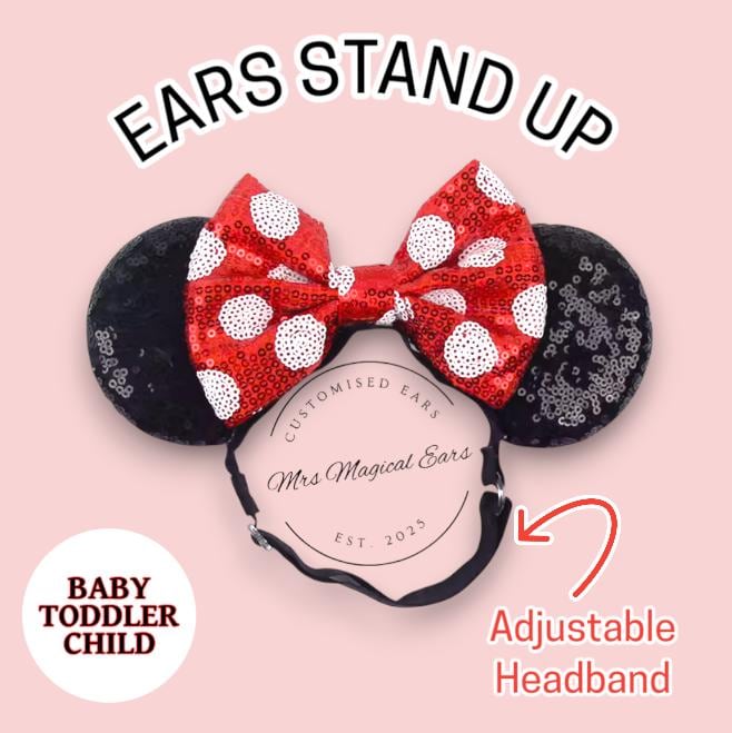 Baby Mouse Ears Adjustable Headband | Baby Toddler Mouse Ear Headband | Disney Inspired Ears | Sparkly Bow Mouse Ears | Baby Holiday Outfit