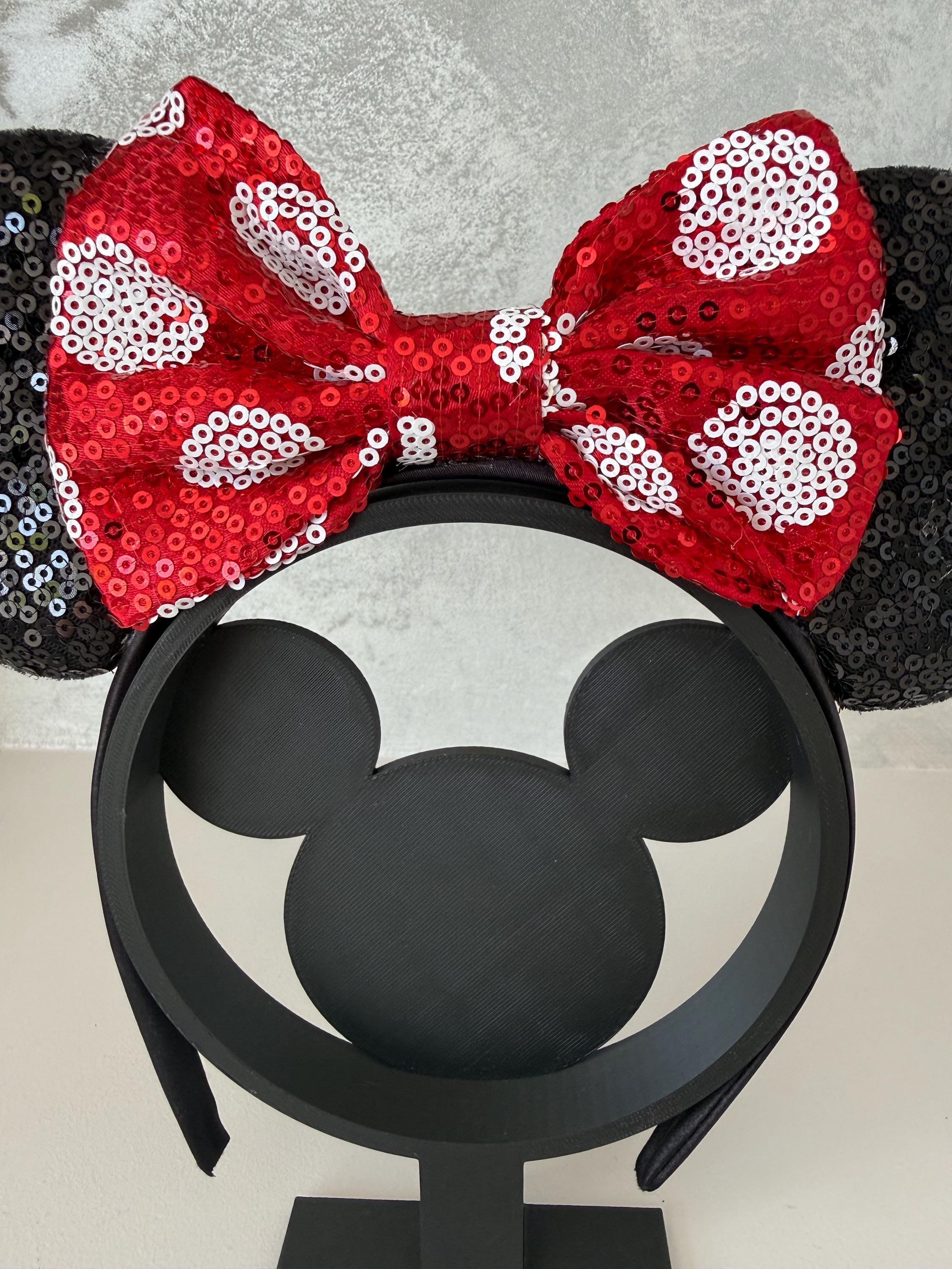 Classic Minnie Mouse Inspired Ears Headband – Black Sequin Ears with Red White Polka Dot Bow, Mickey Minnie Theme Park Headband