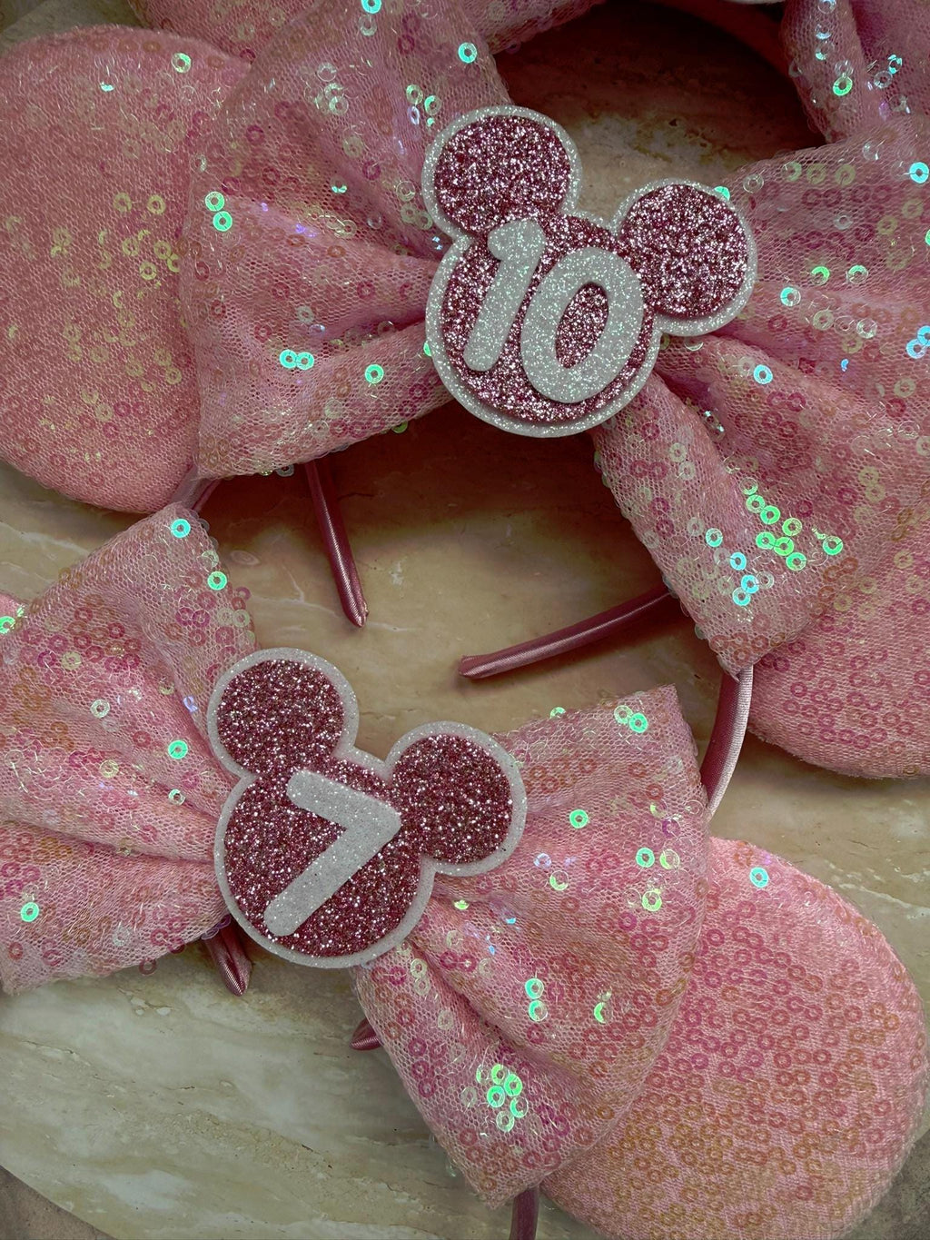 BIRTHDAY Customised ANY AGE Minnie Mouse Ears | Baby Pink Sequin Mickey Ears | Custom Glitter Headband | Disney Trip 2, 3, 5, 10, 18, 30+