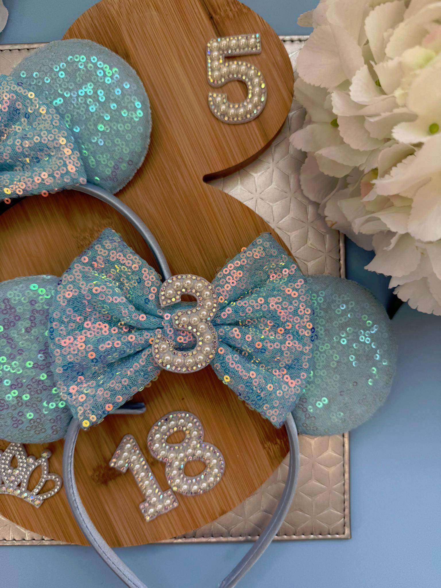 Birthday Blue Sequin Minnie Ears | Custom Headband | Disney Mickey headband Girls, Teens & Adults | Sparkly Accessory 3, 5, 7, 16,18, 21, 30