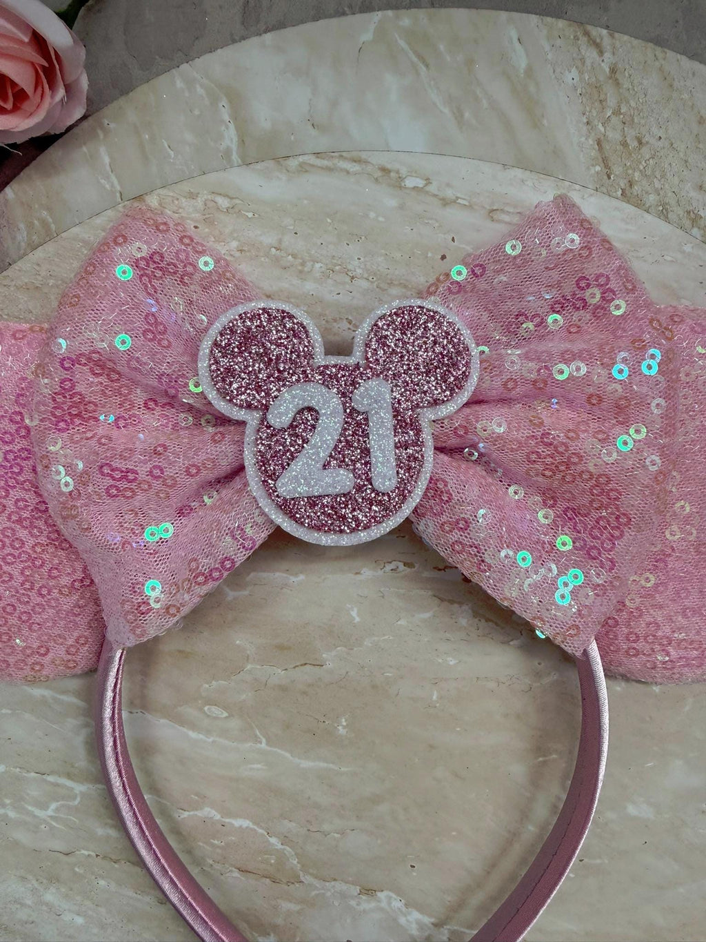 BIRTHDAY Customised ANY AGE Minnie Mouse Ears | Baby Pink Sequin Mickey Ears | Custom Glitter Headband | Disney Trip 2, 3, 5, 10, 18, 30+