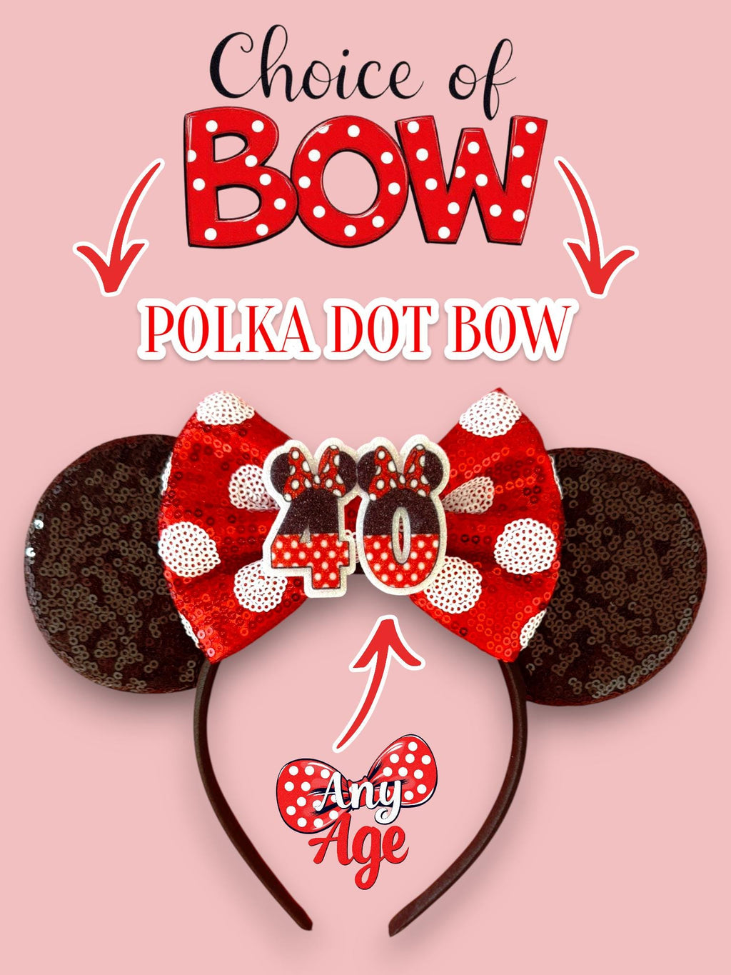 Birthday Bow Minnie Ears – Custom Age Disney Inspired Birthday Headband | Red Sequin or Polka Dot Bow | Magical Birthday Ears