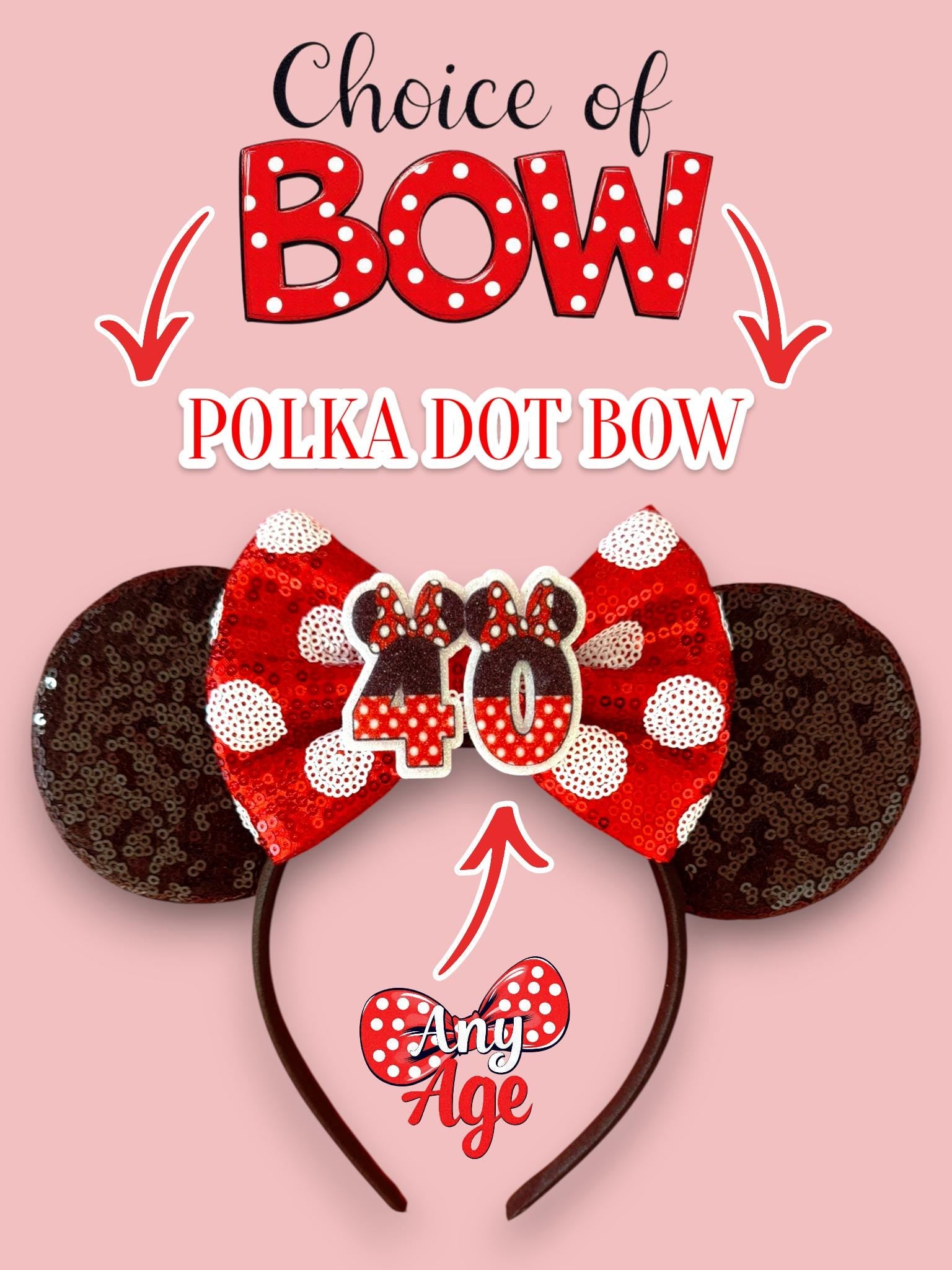 Birthday Bow Minnie Ears – Custom Age Disney Inspired Birthday Headband | Red Sequin or Polka Dot Bow | Magical Birthday Ears