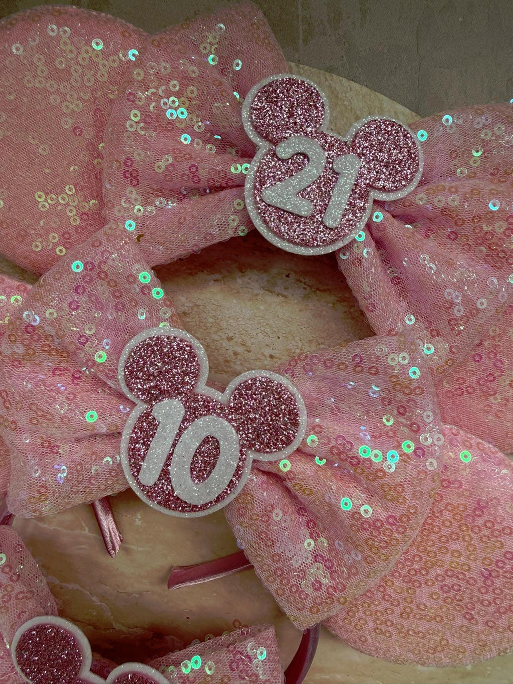 BIRTHDAY Customised ANY AGE Minnie Mouse Ears | Baby Pink Sequin Mickey Ears | Custom Glitter Headband | Disney Trip 2, 3, 5, 10, 18, 30+