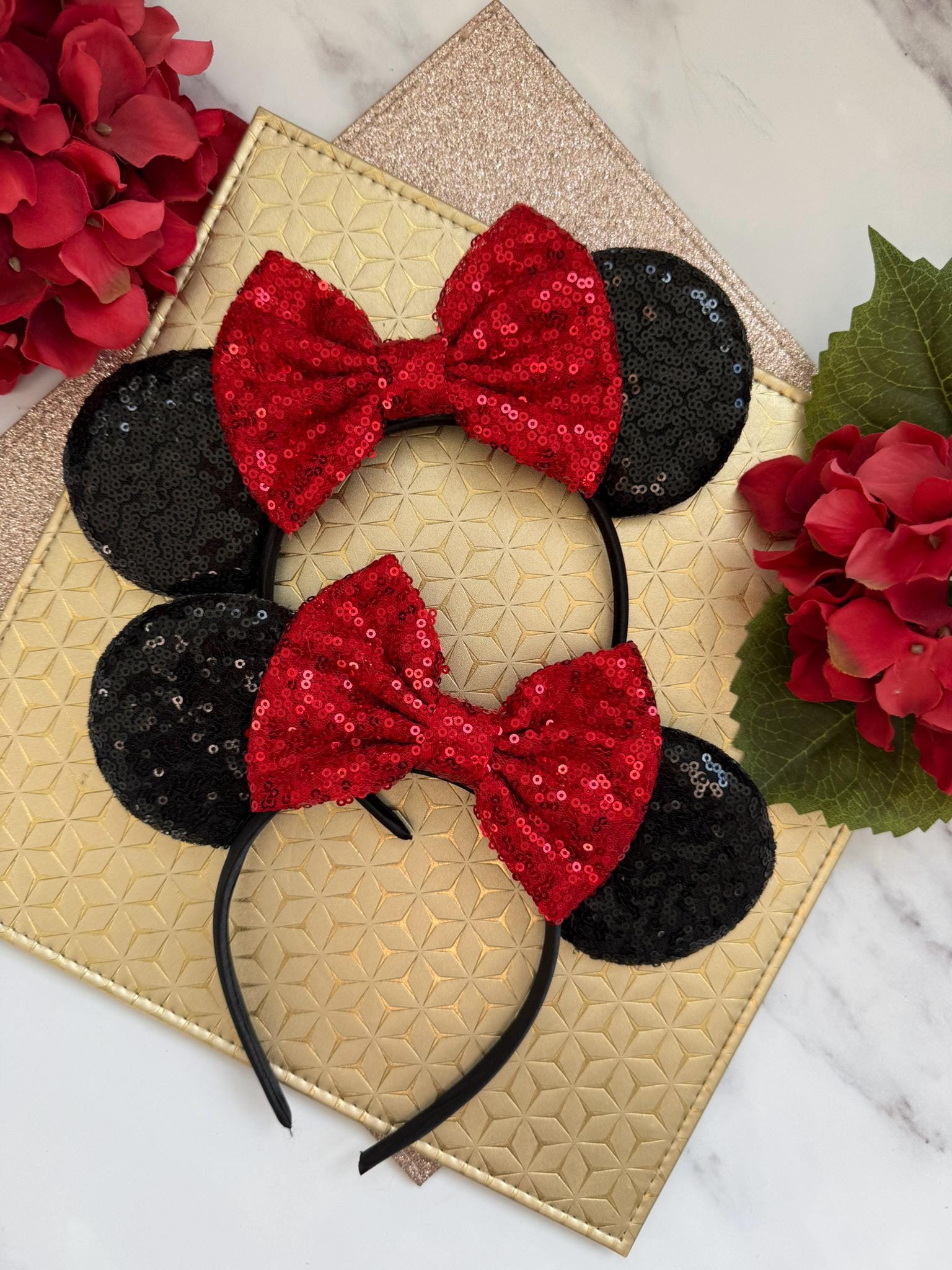 Black Sequin Birthday Minnie Inspired Ears Headband – Red Bow Custom Age Mouse Ears for Adults, Teens & Disney Birthday Trips