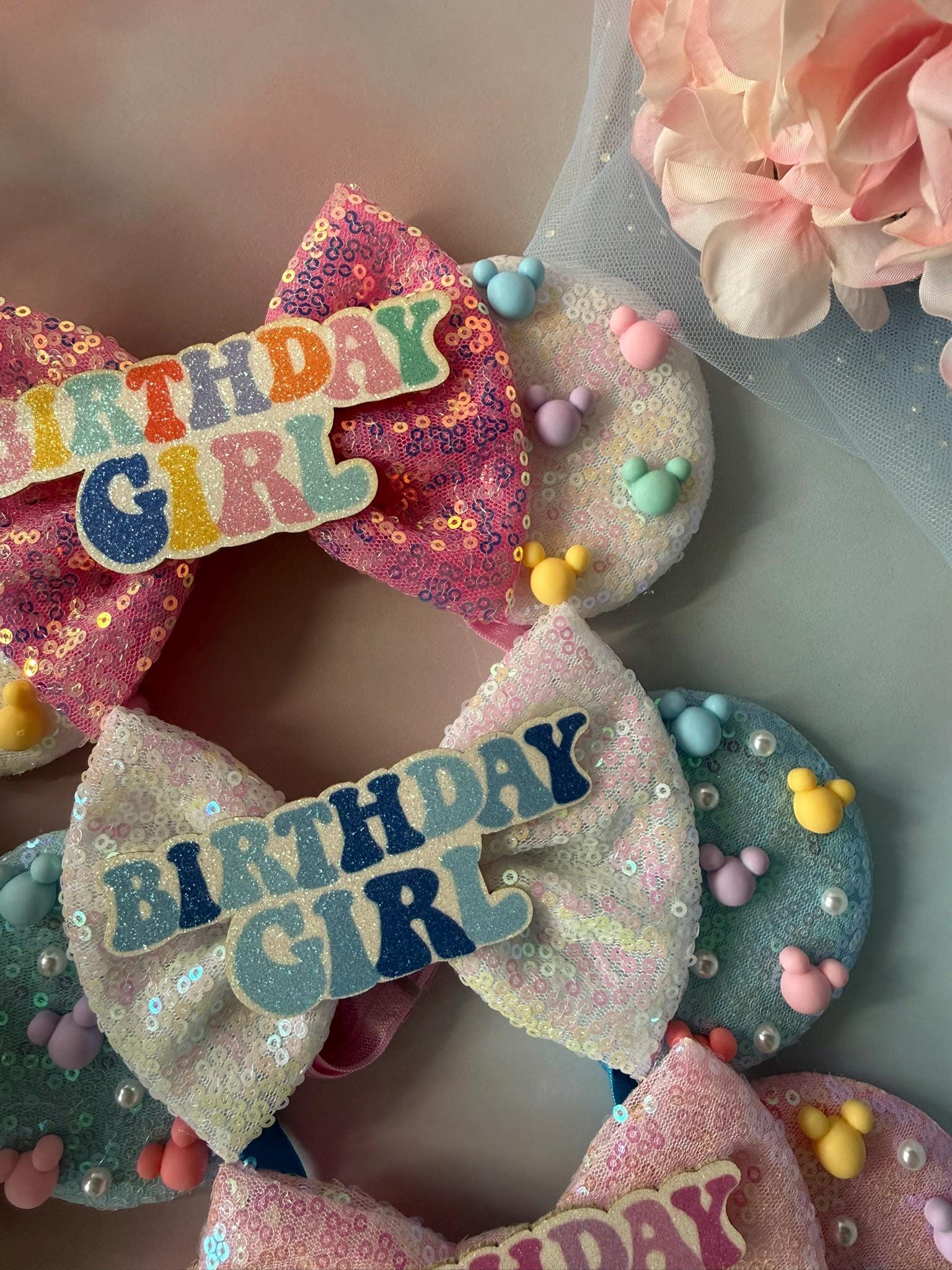 Birthday Girl Minnie Ears Baby Toddler, Sequin Minnie Mouse Headband, Adjustable Disney Birthday Headband, Baby Pink Blue Iridescent Ears