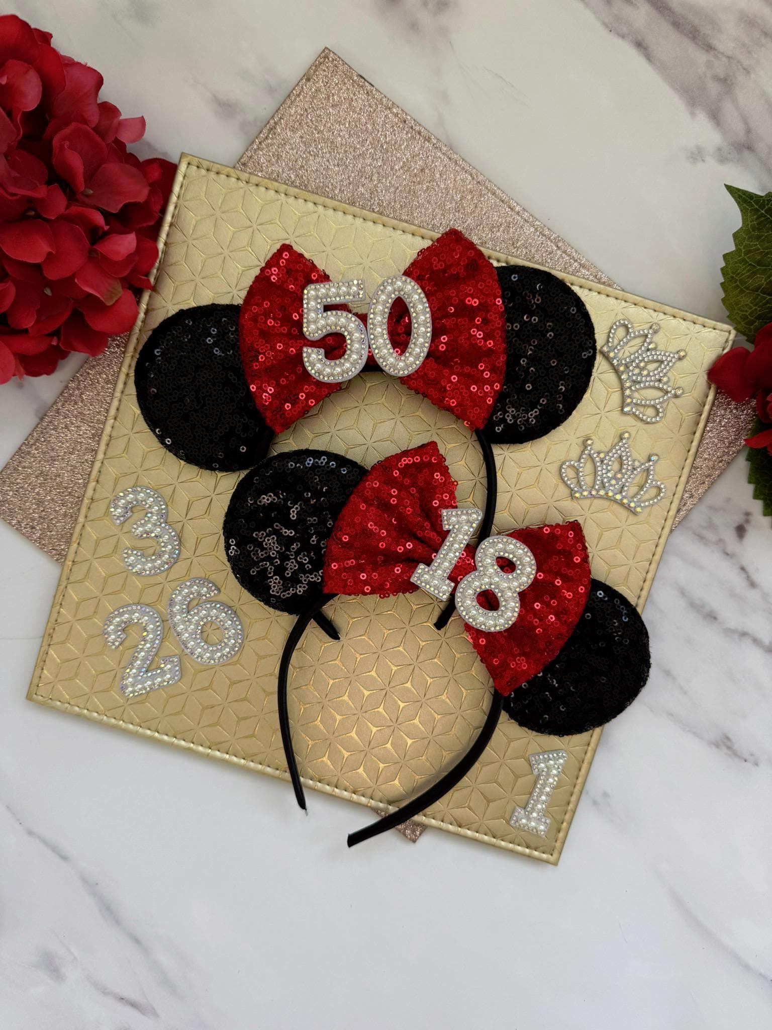 Black Sequin Birthday Minnie Inspired Ears Headband – Red Bow Custom Age Mouse Ears for Adults, Teens & Disney Birthday Trips