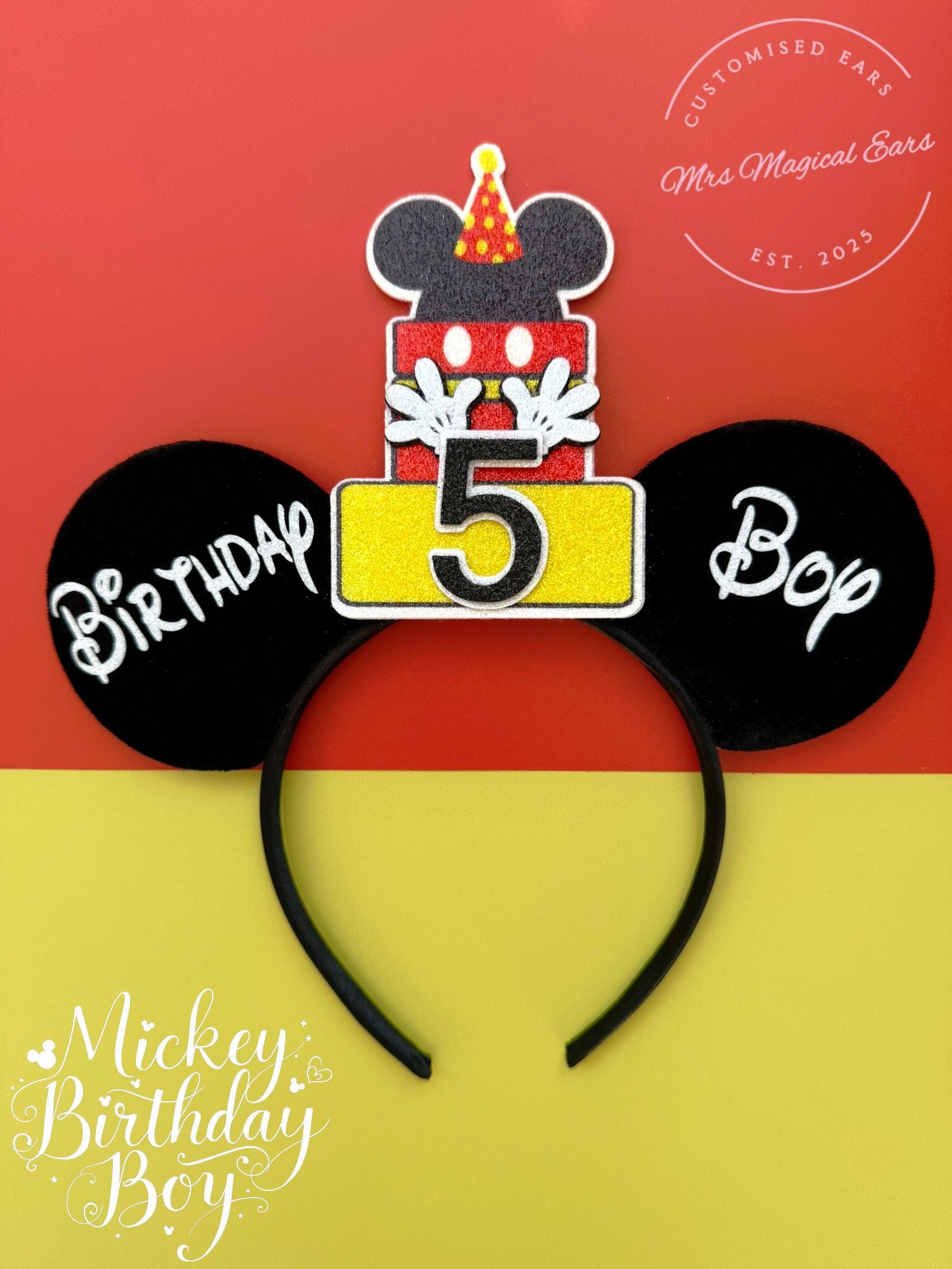Birthday Boy Mickey Mouse Inspired Ears | Personalised Disney Inspired Birthday Ears | Custom Age Cake Hat | Mickey Minnie Ears Any Age