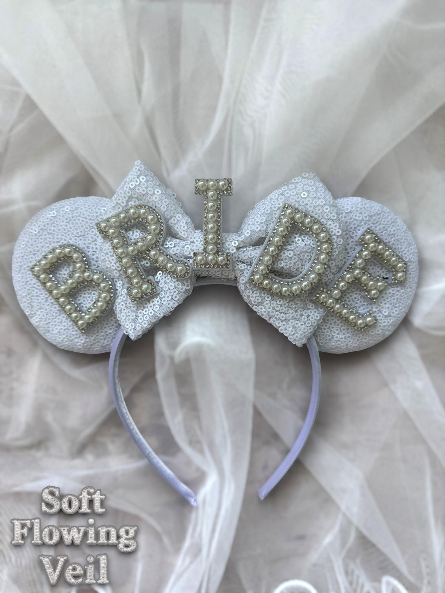 Bride Minnie Inspired Ears Veil Headband – Pearl Bridal Mouse Ears for Hen Party, Wedding, Honeymoon & Bride Outfit