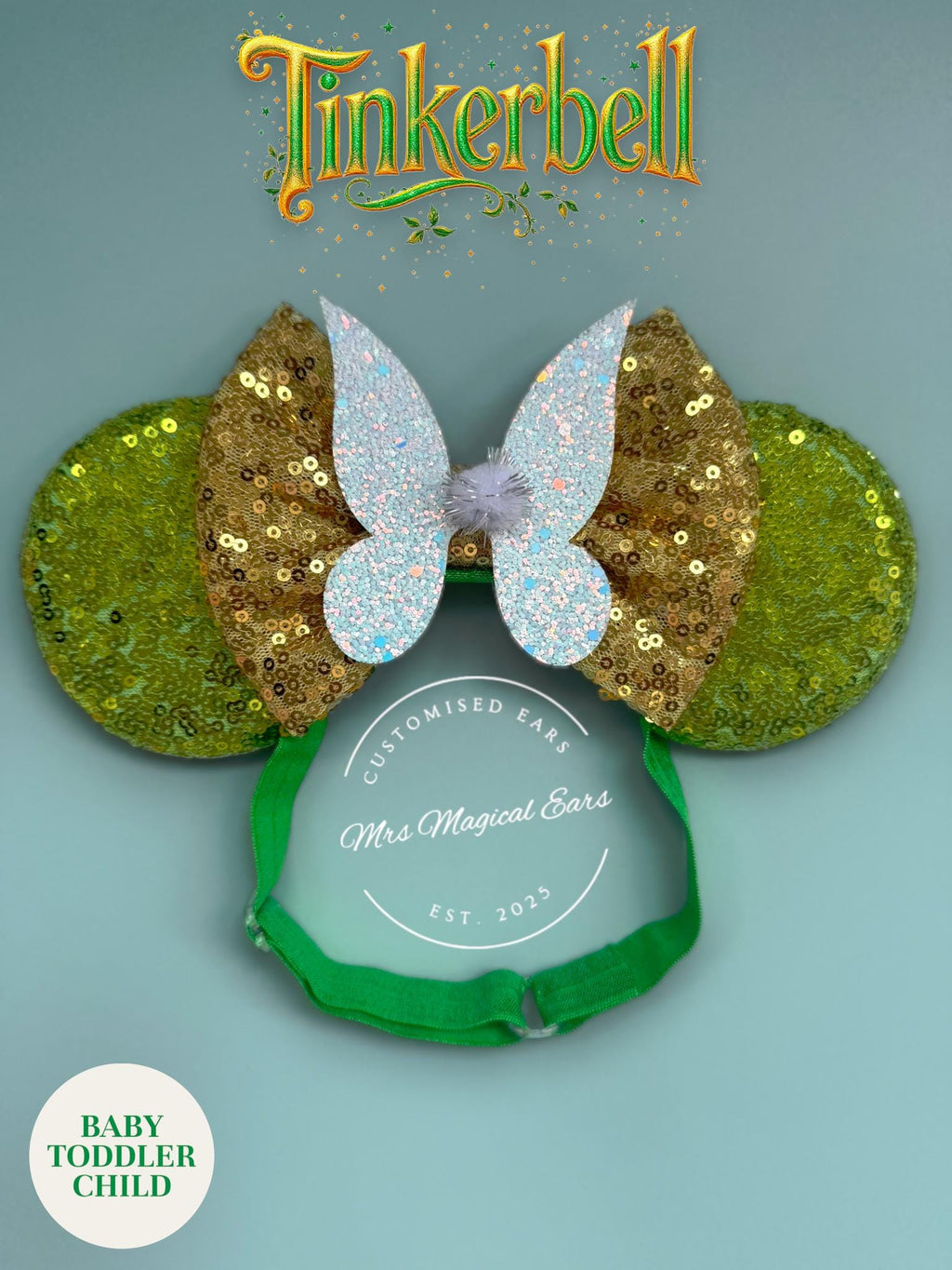 Baby Tinkerbell Minnie Ears Headband |Toddler Fairy Child | Disney Inspired | Green + Gold Sequin Mouse | Pixie Birthday Outfit | Tink