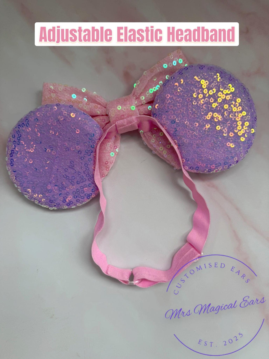 Baby & Toddler Minnie Mouse Inspired Mouse Ears | Classic Lilac + Pink Sequin Bow Mickey Headband | Adjustable Disney Photo Prop | Girls