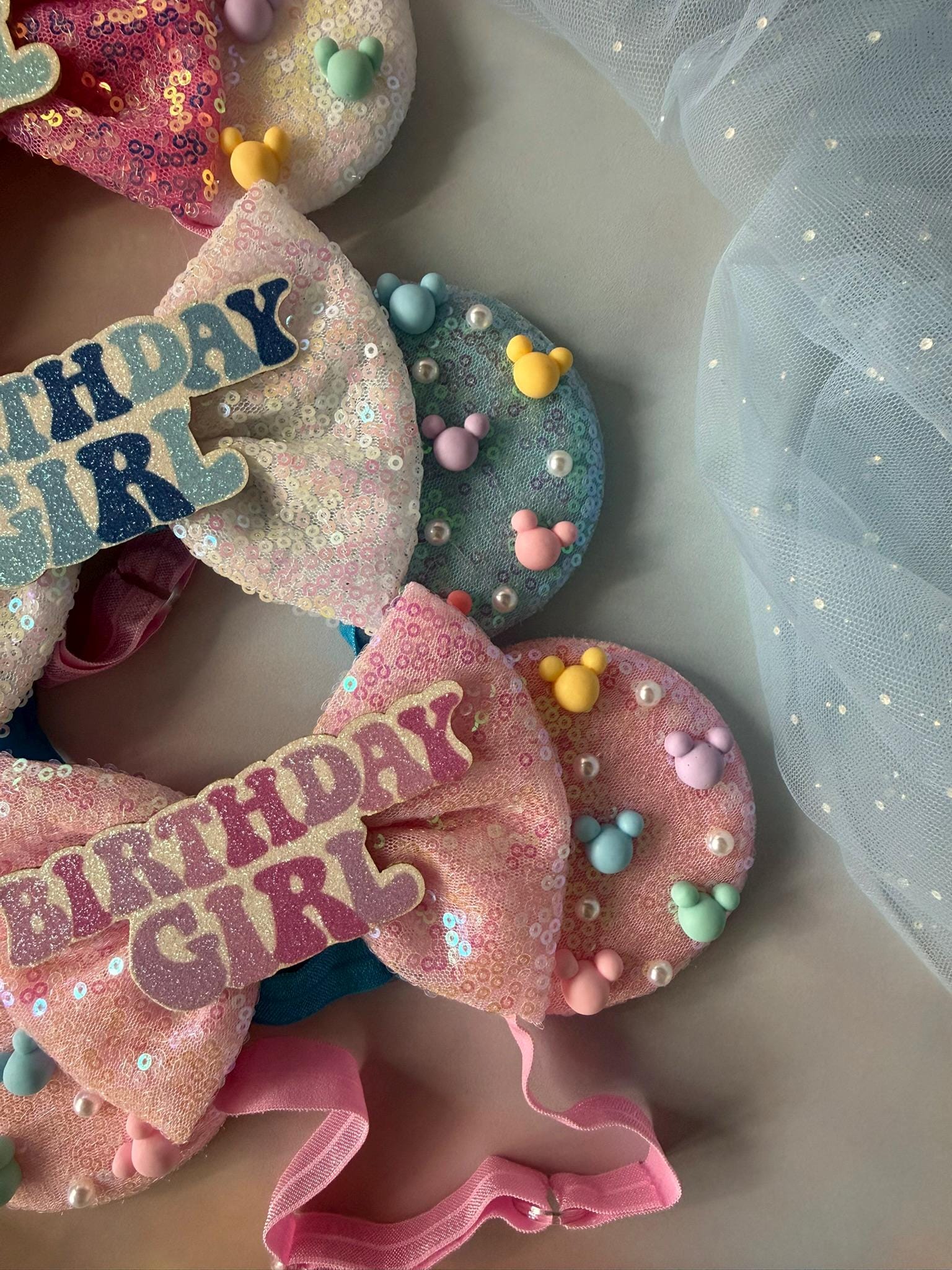 Birthday Girl Minnie Ears Baby Toddler, Sequin Minnie Mouse Headband, Adjustable Disney Birthday Headband, Baby Pink Blue Iridescent Ears