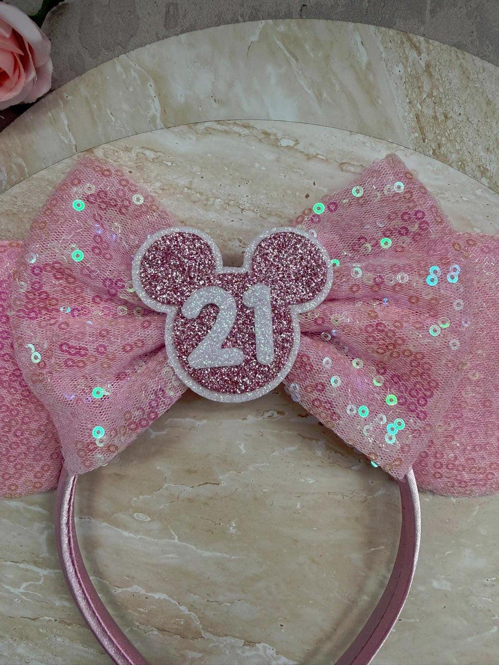 BIRTHDAY Customised ANY AGE Minnie Mouse Ears | Baby Pink Sequin Mickey Ears | Custom Glitter Headband | Disney Trip 2, 3, 5, 10, 18, 30+