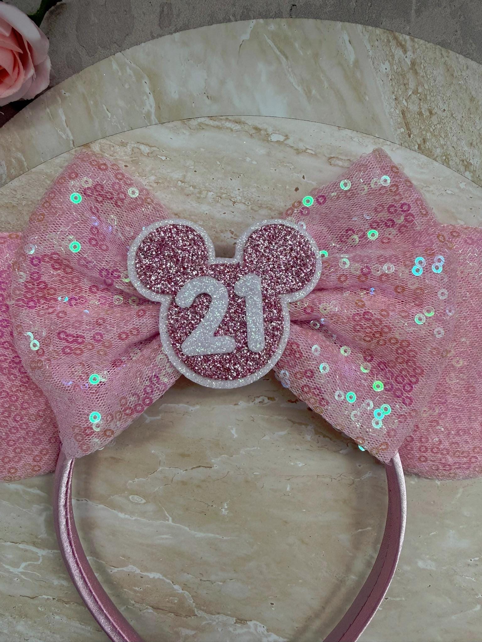 BIRTHDAY Customised ANY AGE Minnie Mouse Ears | Baby Pink Sequin Mickey Ears | Custom Glitter Headband | Disney Trip 2, 3, 5, 10, 18, 30+