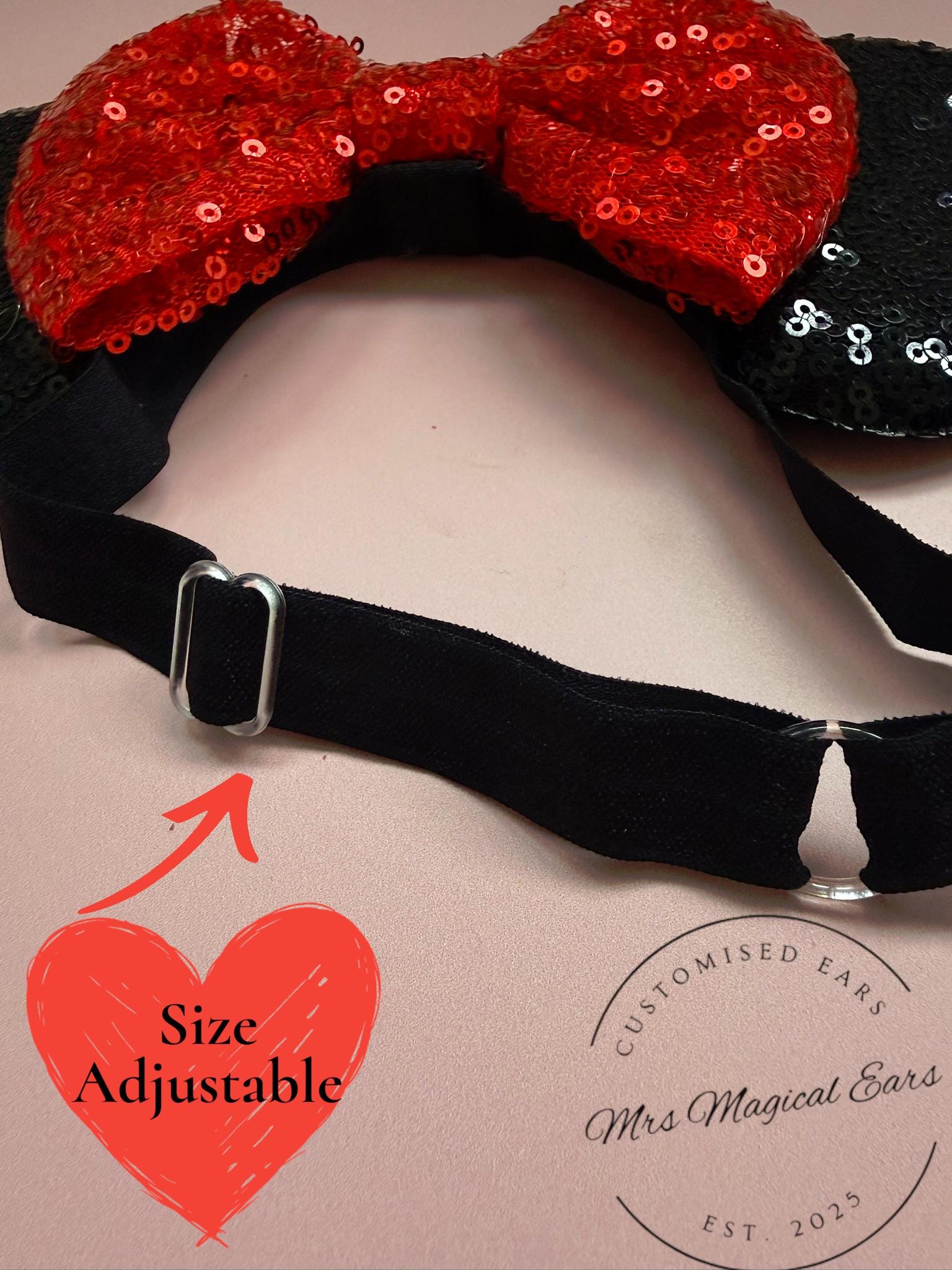 Baby & Toddler Minnie Mouse Inspired Mouse Ears | Classic Black Ears + Red Sequin Bow Mickey Headband | Adjustable Disney Photo Prop | Girls