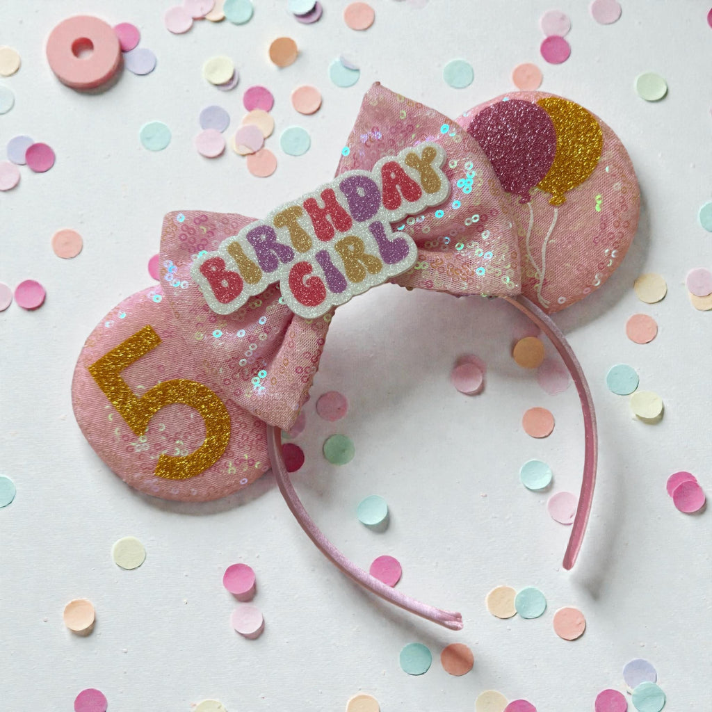 Birthday Girl Pink Minnie Ears • Custom Age with Balloons Sequin Mouse Ears Headband • Disney Inspired • Mickey Ears for Kids Teens Adults
