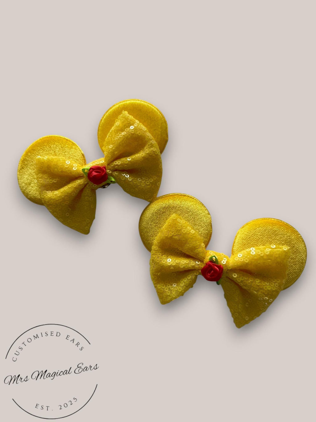 Belle Inspired Shoe Clips, Yellow Mouse Ears with Rose Bow, Beauty and the Beast Disney Inspired Shoe Accessories, Princess Trainer Clips