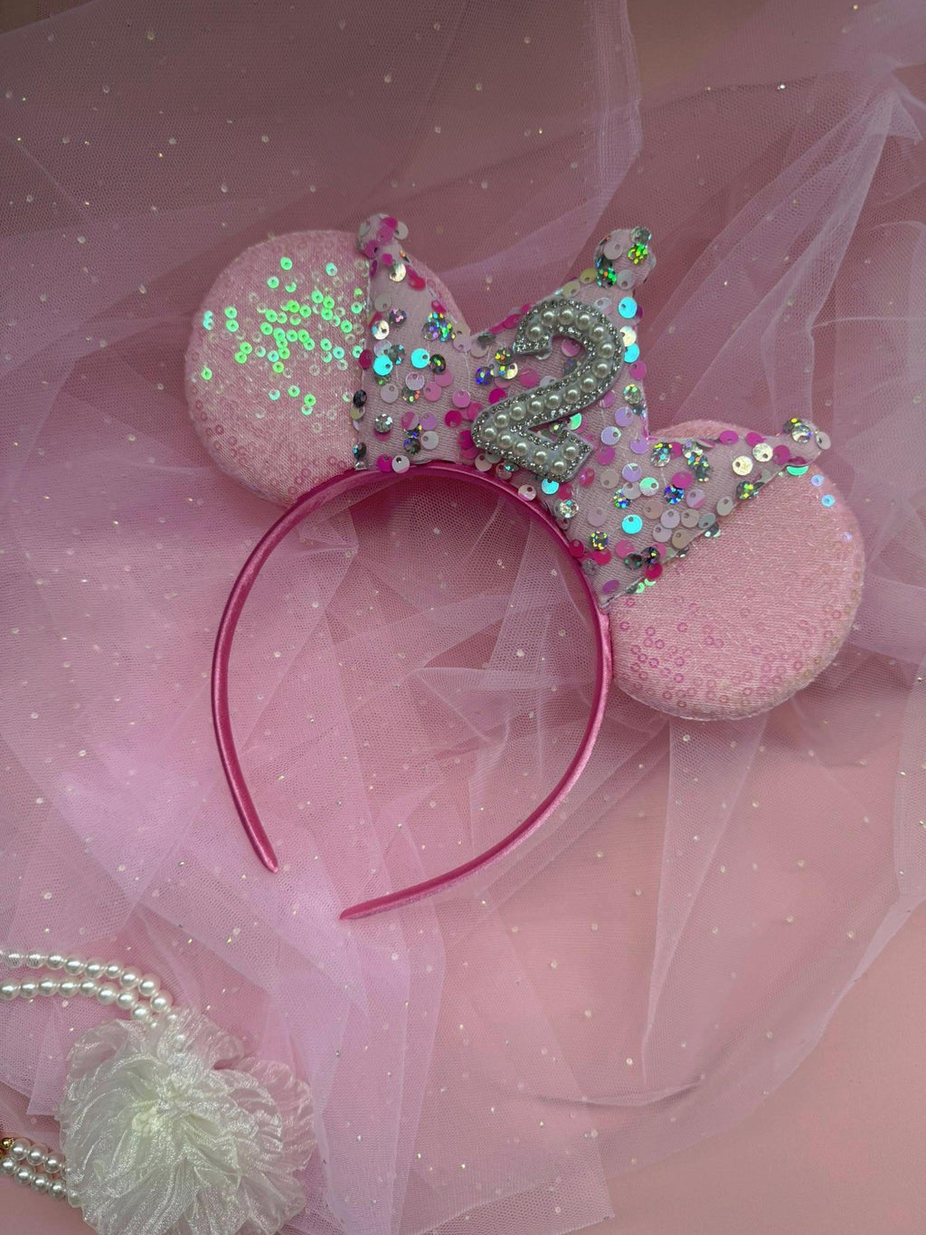 Baby Pink Sequin & Confetti Birthday Crown Headband | Sparkly Tiara | Personalised Ears for Women + Girls (All Ages) Disney Inspired