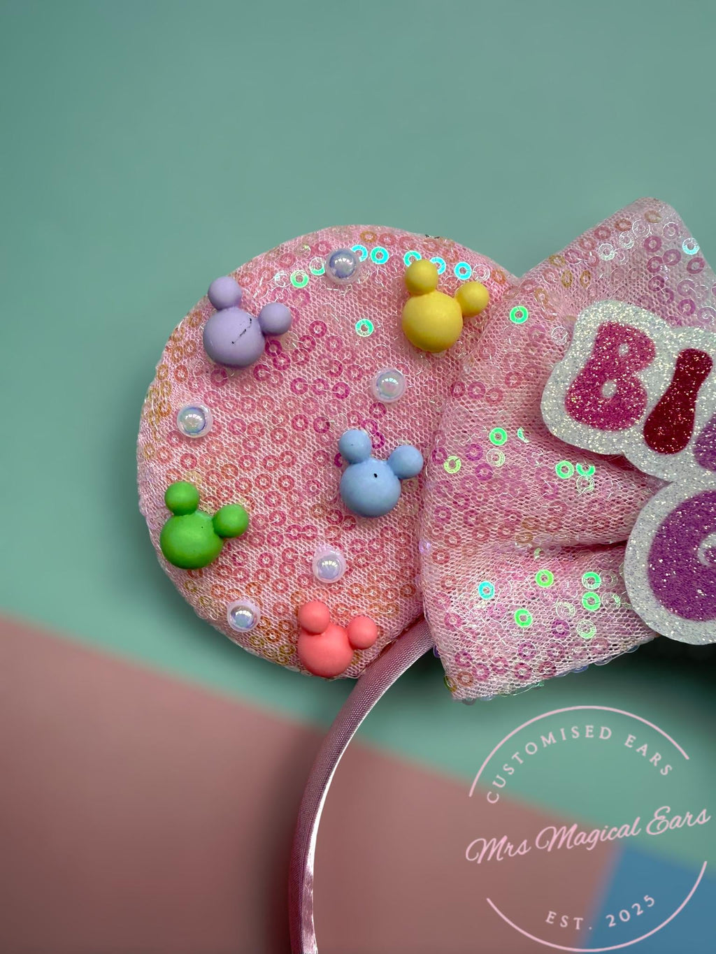 Birthday Girl Mouse Ears – Custom Colour Bow – Sparkly Sequin Headband – Party Ears – Cake Smash – Girls Birthday Outfit – Disney Inspired
