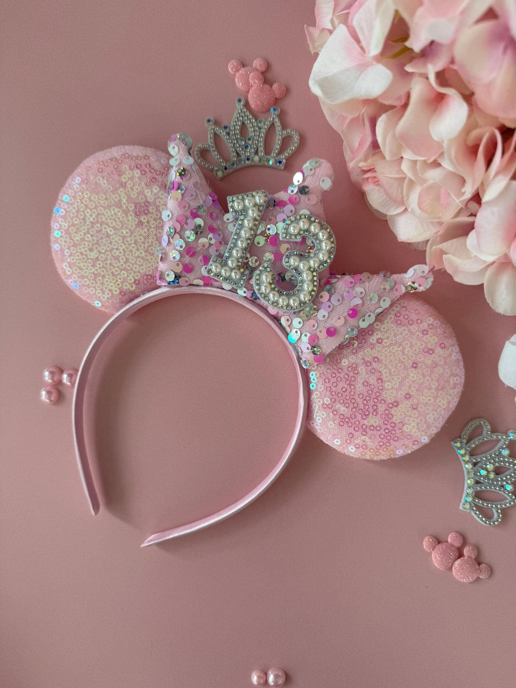 Baby Pink Sequin & Confetti Birthday Crown Headband | Sparkly Tiara | Personalised Ears for Women + Girls (All Ages) Disney Inspired