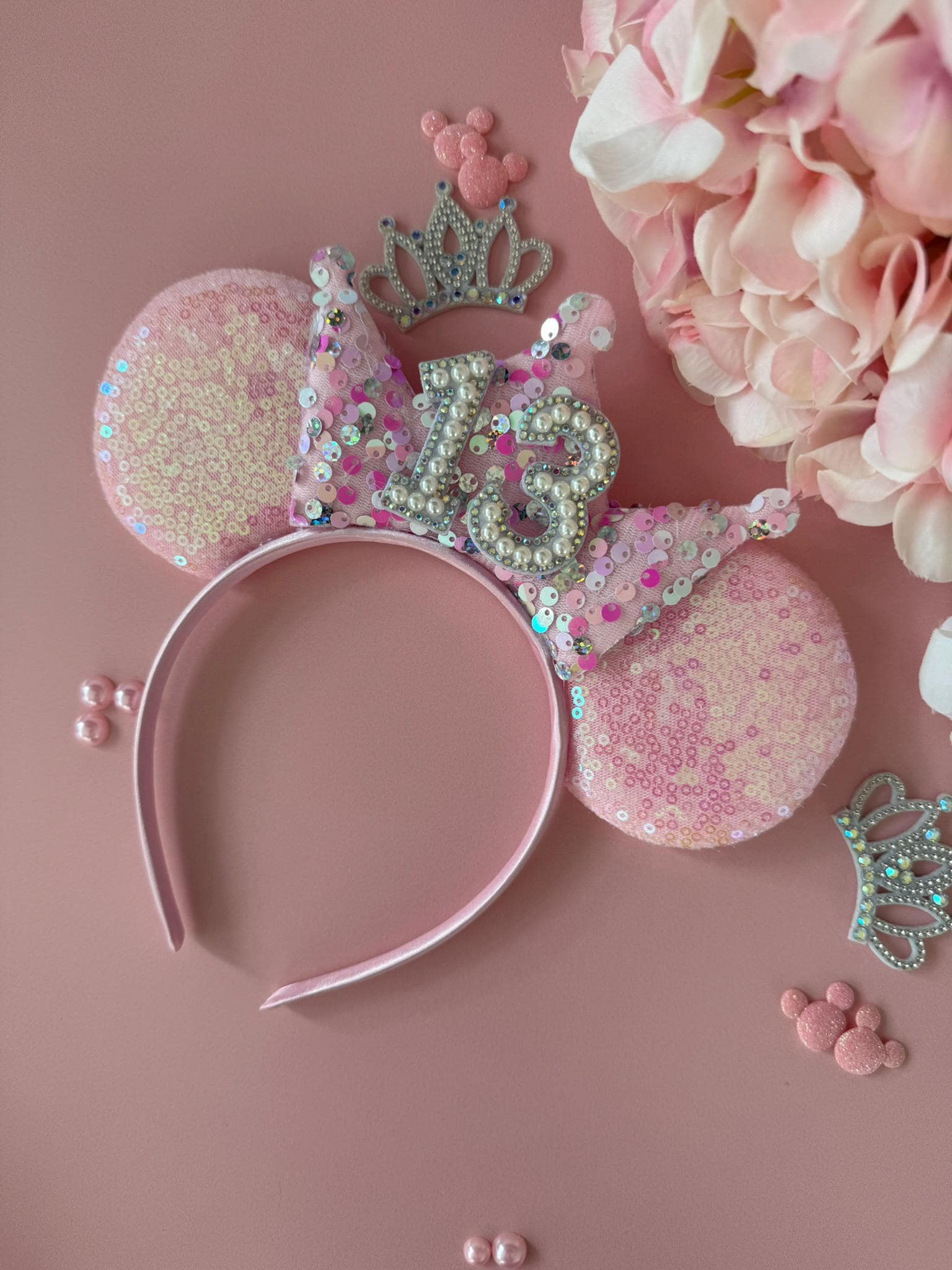 Baby Pink Sequin & Confetti Birthday Crown Headband | Sparkly Tiara | Personalised Ears for Women + Girls (All Ages) Disney Inspired