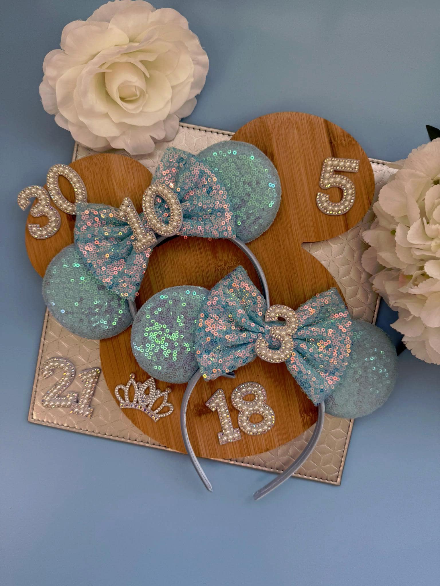 Birthday Blue Sequin Minnie Ears | Custom Headband | Disney Mickey headband Girls, Teens & Adults | Sparkly Accessory 3, 5, 7, 16,18, 21, 30