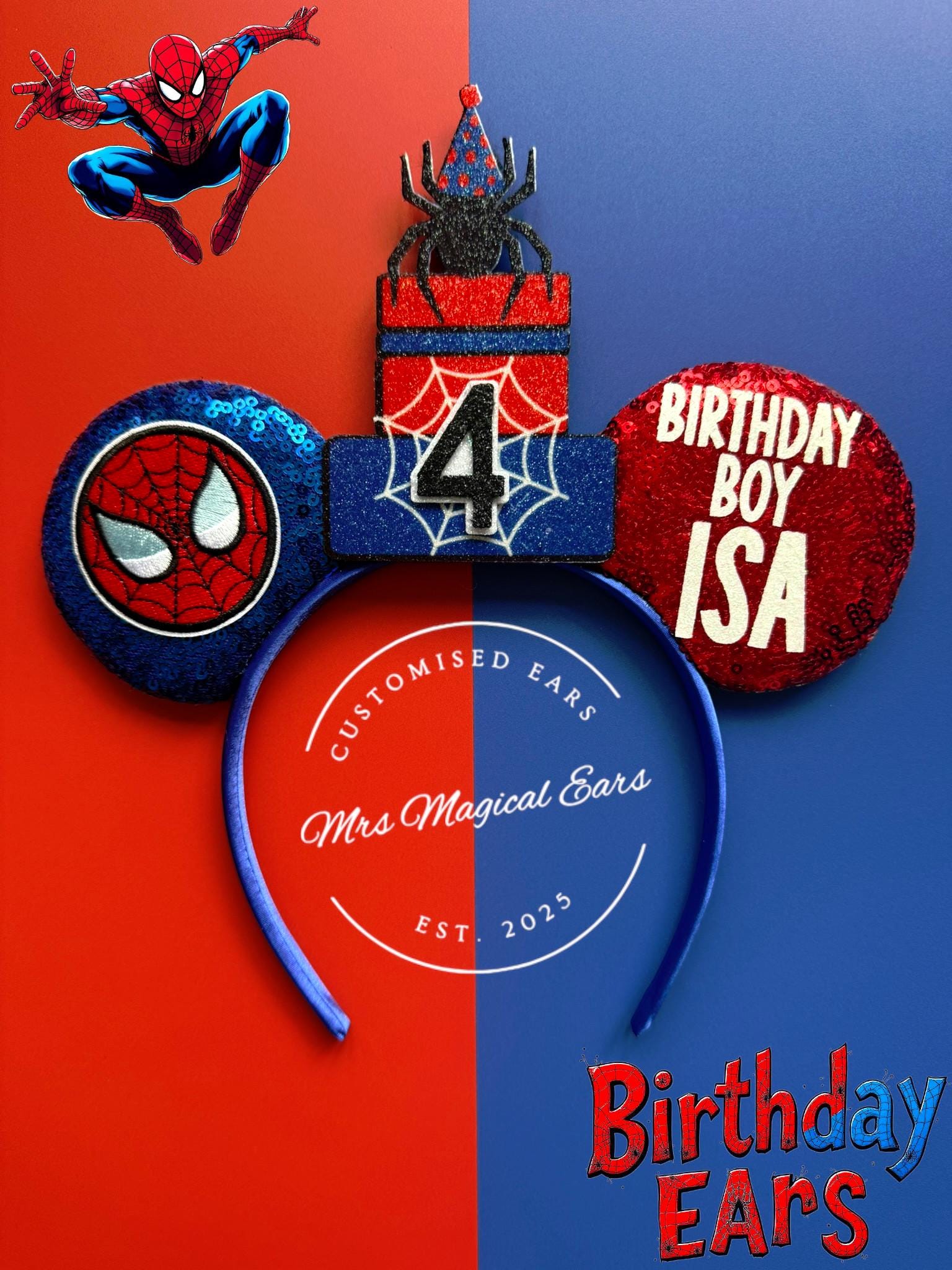 Birthday Boy Spider-Man Inspired Ears | Personalised Disney Inspired Birthday Ears | Custom Age Cake Hat | Mickey Ears Any Age