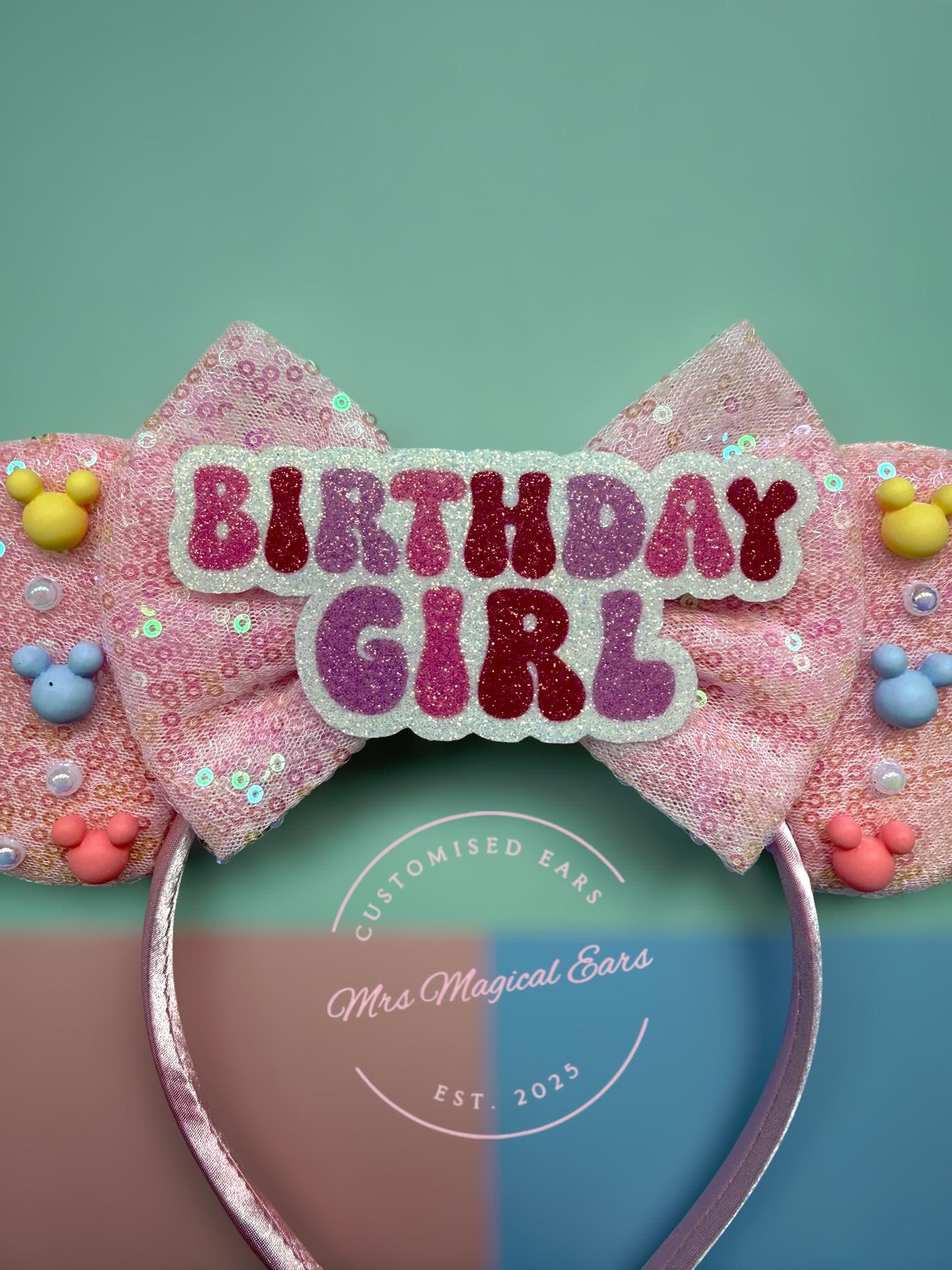 Birthday Girl Mouse Ears – Custom Colour Bow – Sparkly Sequin Headband – Party Ears – Cake Smash – Girls Birthday Outfit – Disney Inspired