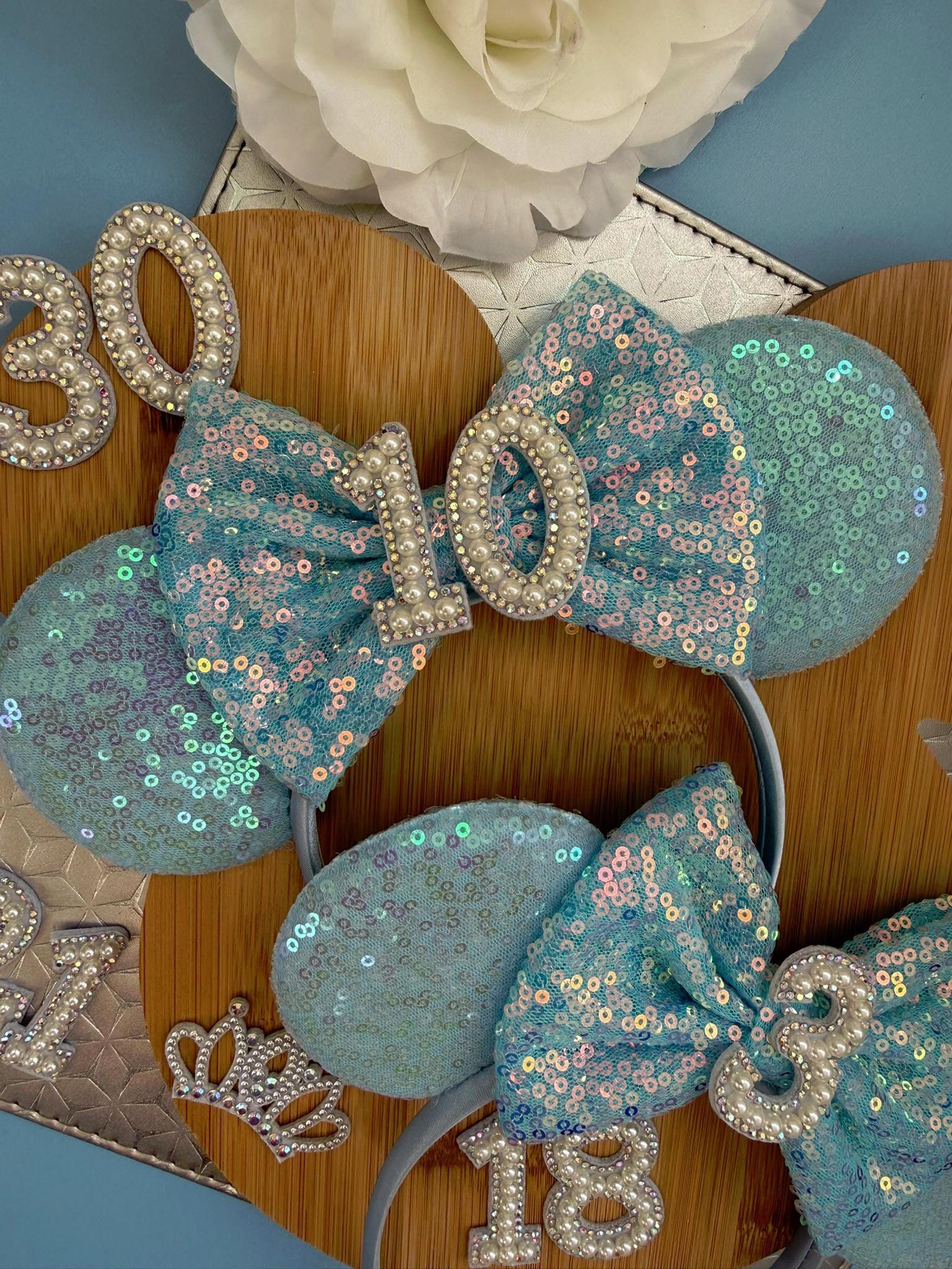Birthday Blue Sequin Minnie Ears | Custom Headband | Disney Mickey headband Girls, Teens & Adults | Sparkly Accessory 3, 5, 7, 16,18, 21, 30