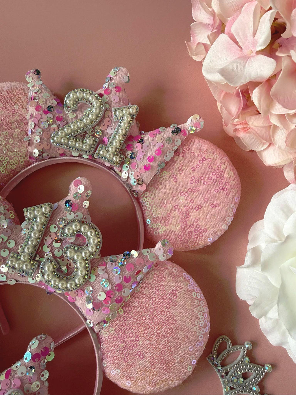 Baby Pink Sequin & Confetti Birthday Crown Headband | Sparkly Tiara | Personalised Ears for Women + Girls (All Ages) Disney Inspired