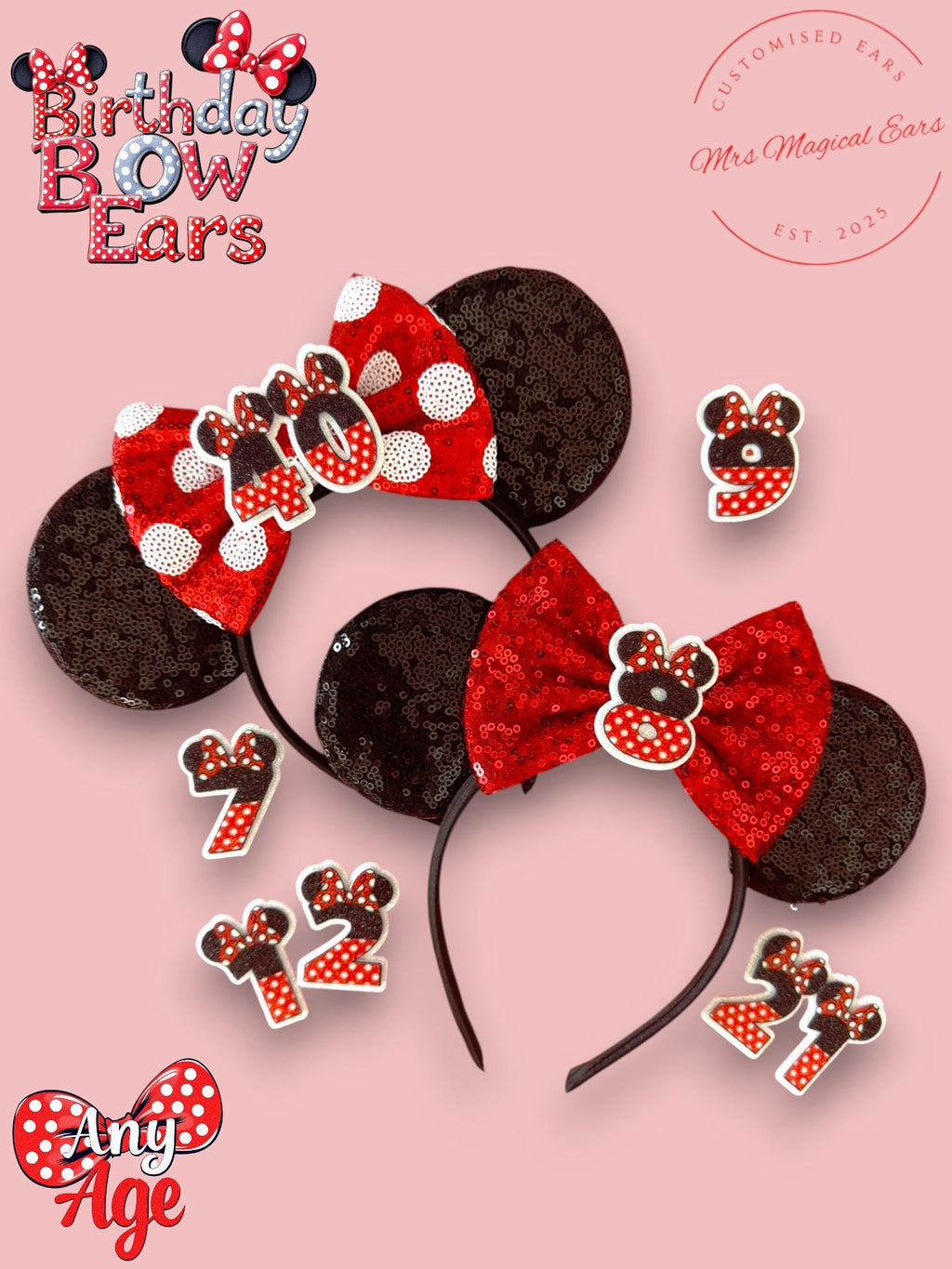 Birthday Bow Minnie Ears – Custom Age Disney Inspired Birthday Headband | Red Sequin or Polka Dot Bow | Magical Birthday Ears