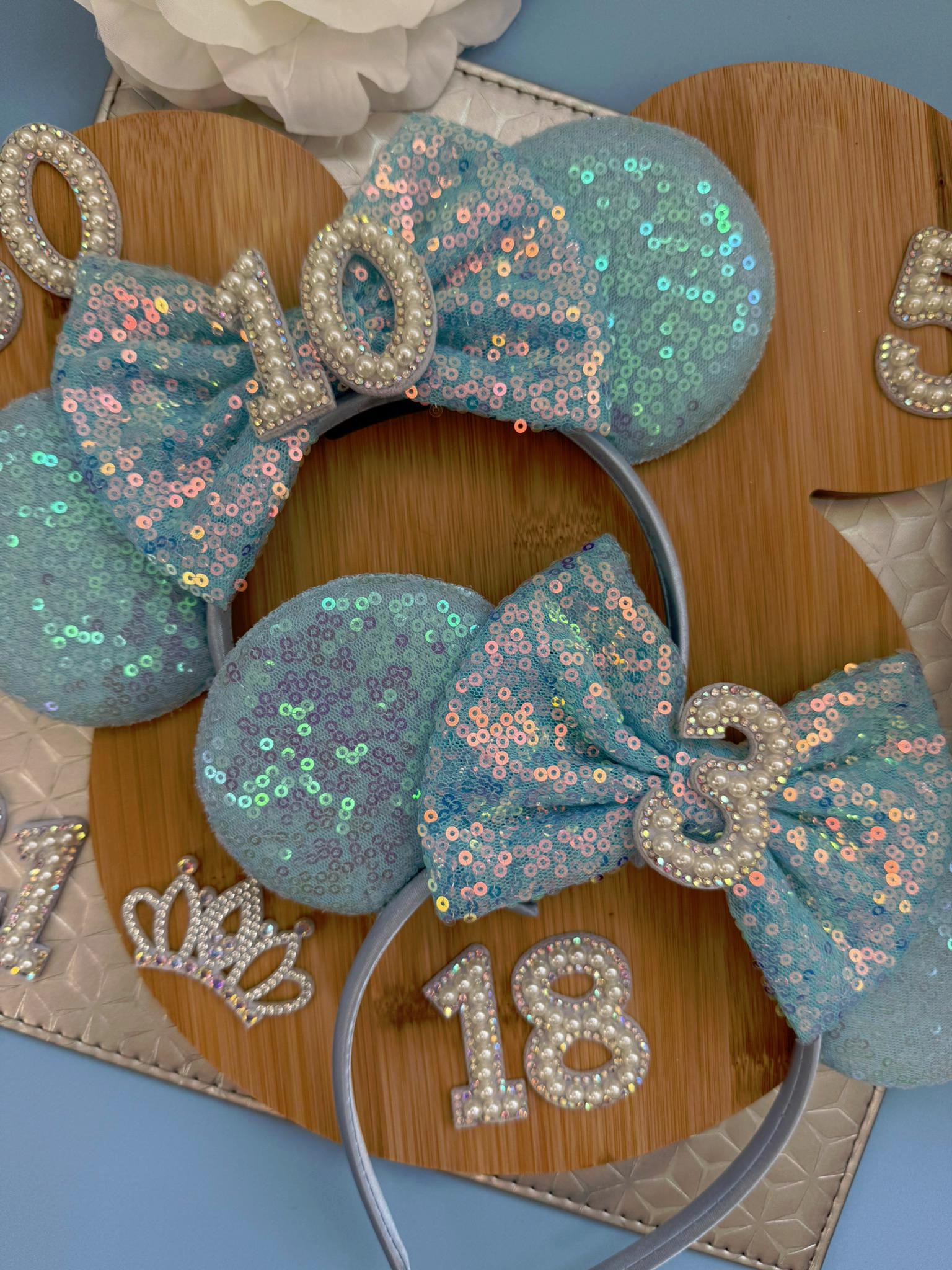 Birthday Blue Sequin Minnie Ears | Custom Headband | Disney Mickey headband Girls, Teens & Adults | Sparkly Accessory 3, 5, 7, 16,18, 21, 30