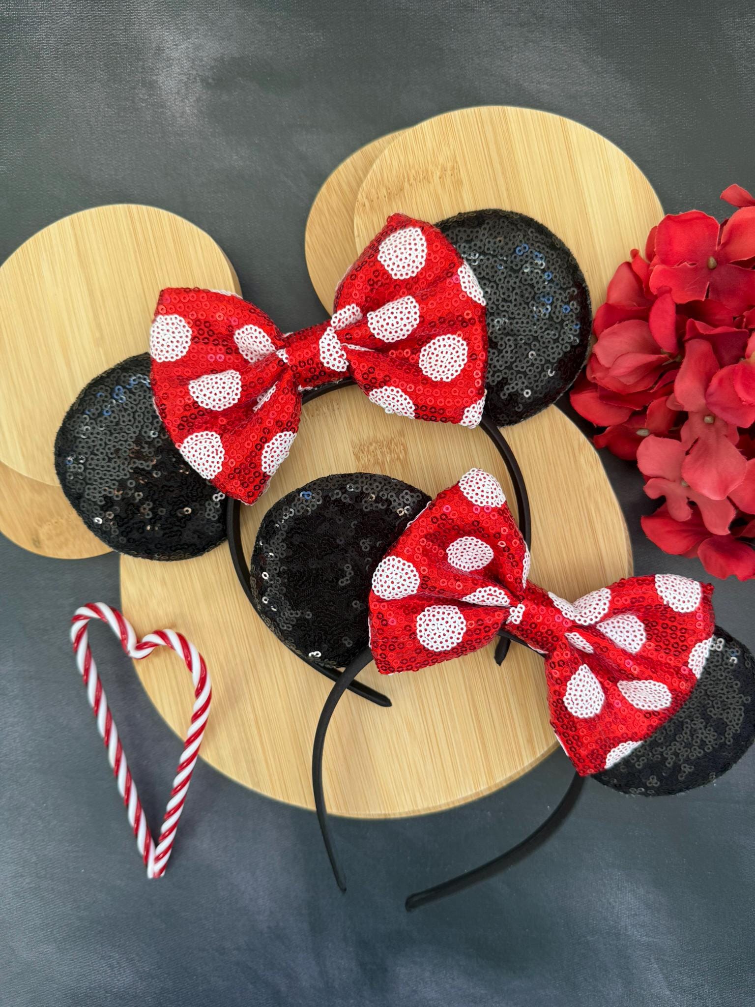 Classic Minnie Mouse Inspired Ears Headband – Black Sequin Ears with Red White Polka Dot Bow, Mickey Minnie Theme Park Headband