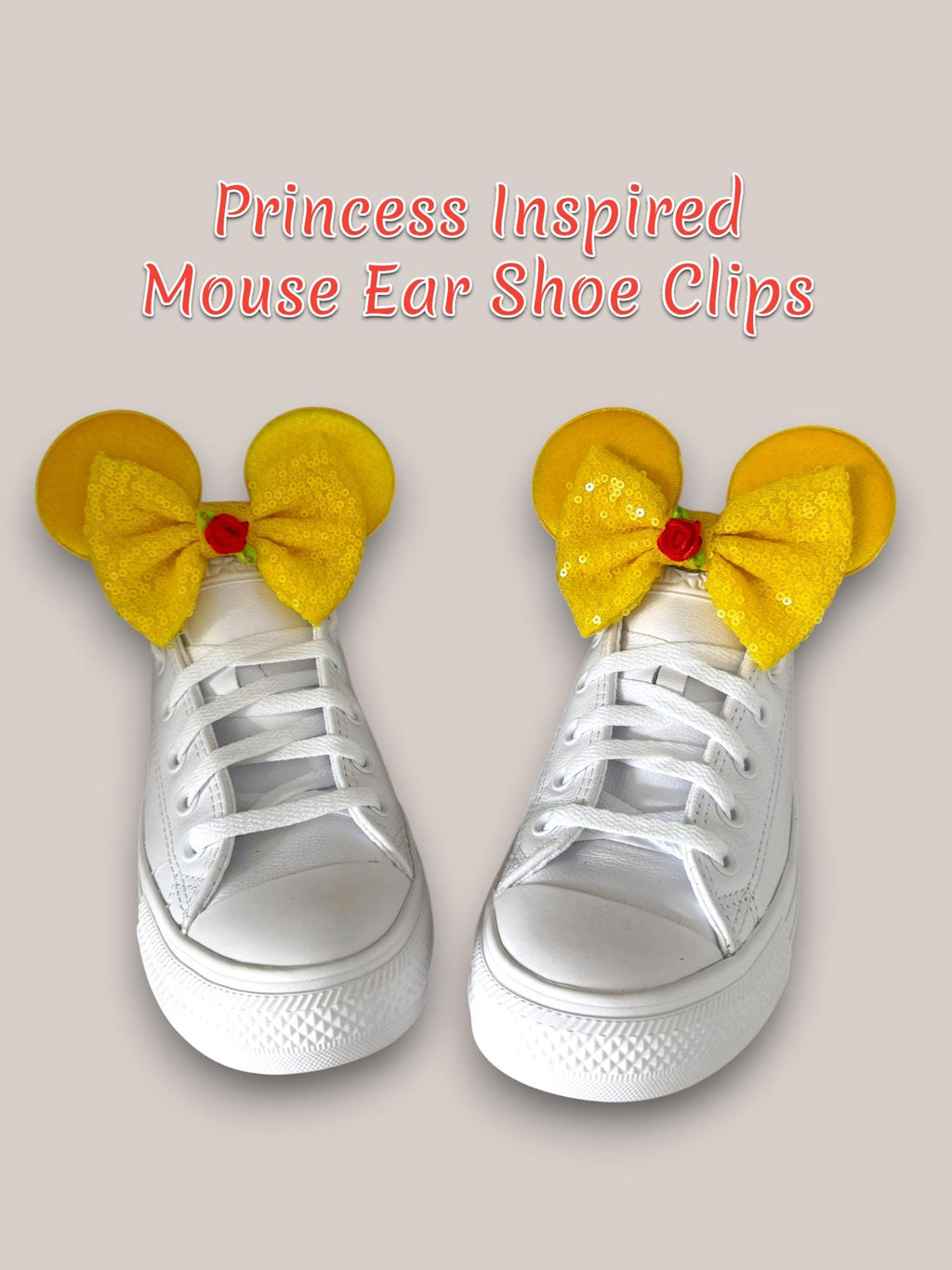 Belle Inspired Shoe Clips, Yellow Mouse Ears with Rose Bow, Beauty and the Beast Disney Inspired Shoe Accessories, Princess Trainer Clips