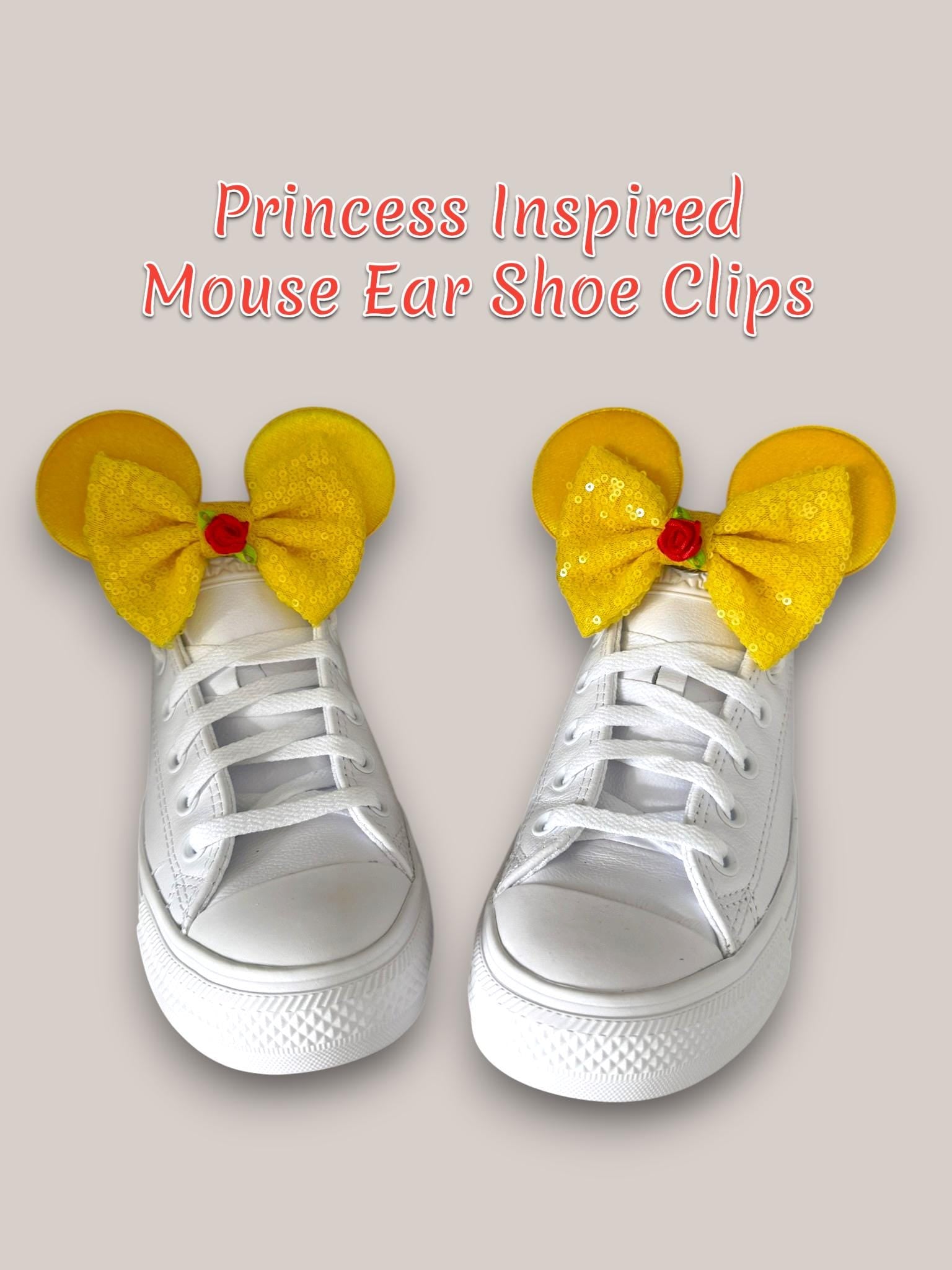 Belle Inspired Shoe Clips, Yellow Mouse Ears with Rose Bow, Beauty and the Beast Disney Inspired Shoe Accessories, Princess Trainer Clips