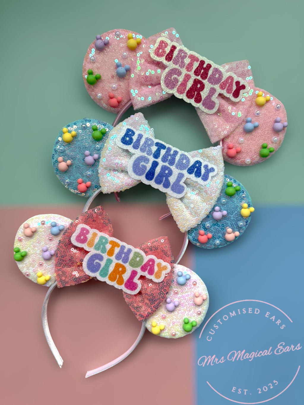 Birthday Girl Mouse Ears – Custom Colour Bow – Sparkly Sequin Headband – Party Ears – Cake Smash – Girls Birthday Outfit – Disney Inspired