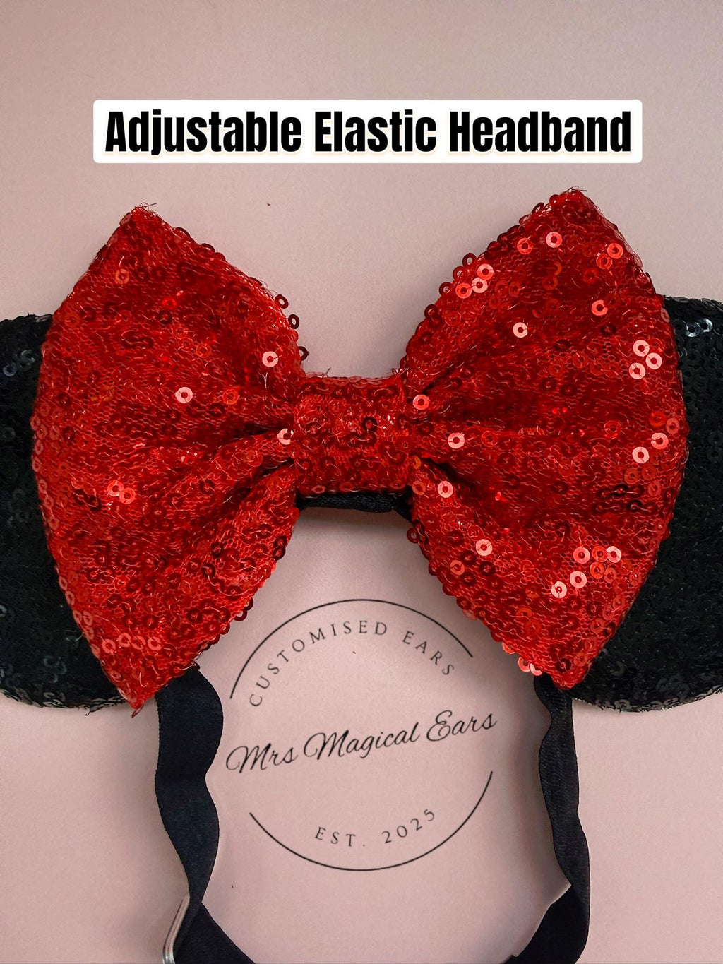 Baby & Toddler Minnie Mouse Inspired Mouse Ears | Classic Black Ears + Red Sequin Bow Mickey Headband | Adjustable Disney Photo Prop | Girls