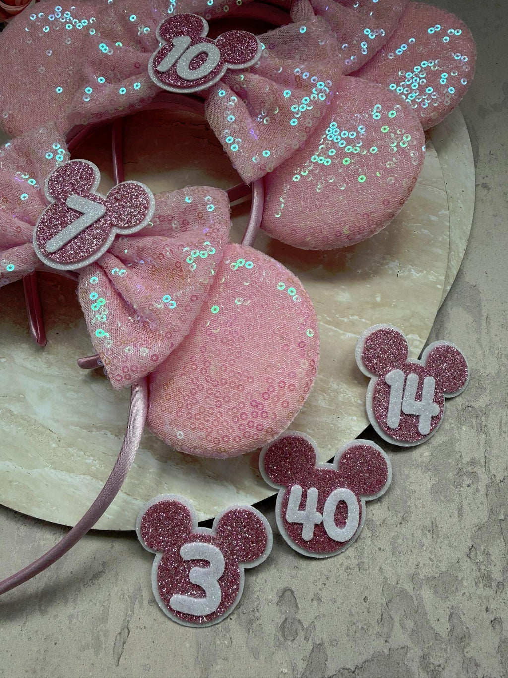 BIRTHDAY Customised ANY AGE Minnie Mouse Ears | Baby Pink Sequin Mickey Ears | Custom Glitter Headband | Disney Trip 2, 3, 5, 10, 18, 30+