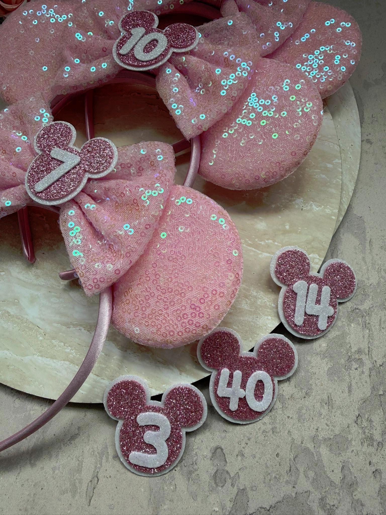 BIRTHDAY Customised ANY AGE Minnie Mouse Ears | Baby Pink Sequin Mickey Ears | Custom Glitter Headband | Disney Trip 2, 3, 5, 10, 18, 30+