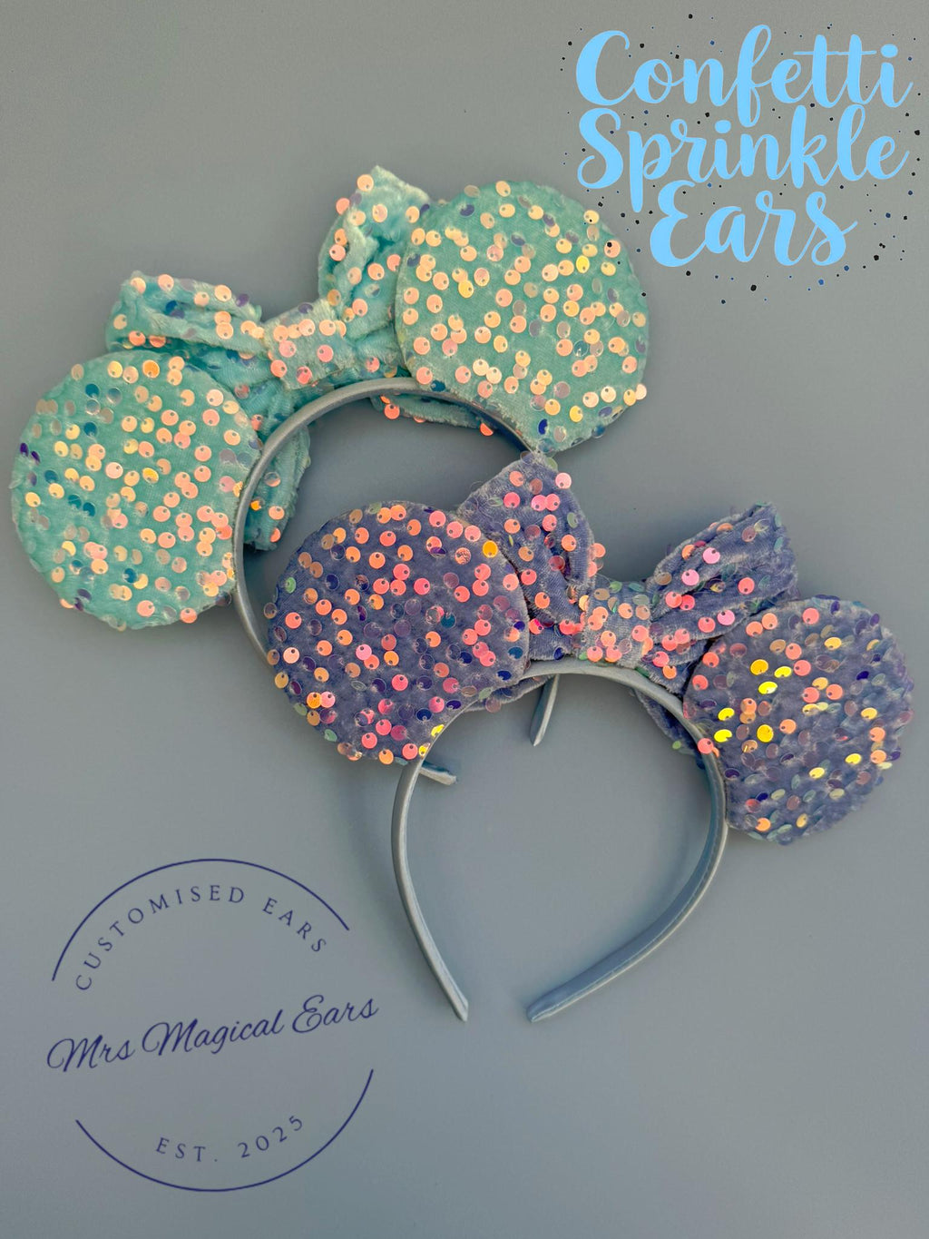 Baby Blue / Turquoise Confetti Sprinkle Sequin Mickey Minnie Mouse Disney Inspired Ears Headband