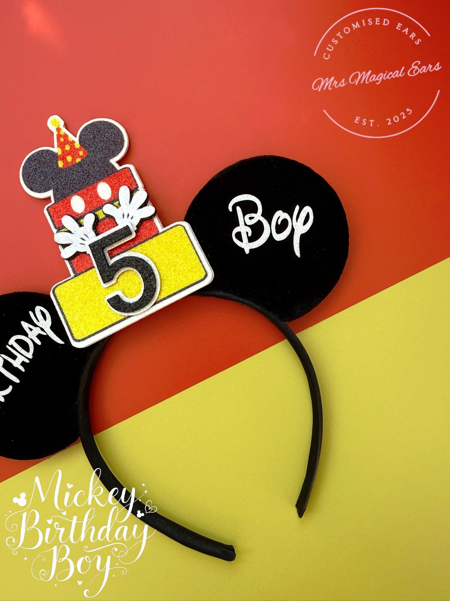 Birthday Boy Mickey Mouse Inspired Ears | Personalised Disney Inspired Birthday Ears | Custom Age Cake Hat | Mickey Minnie Ears Any Age