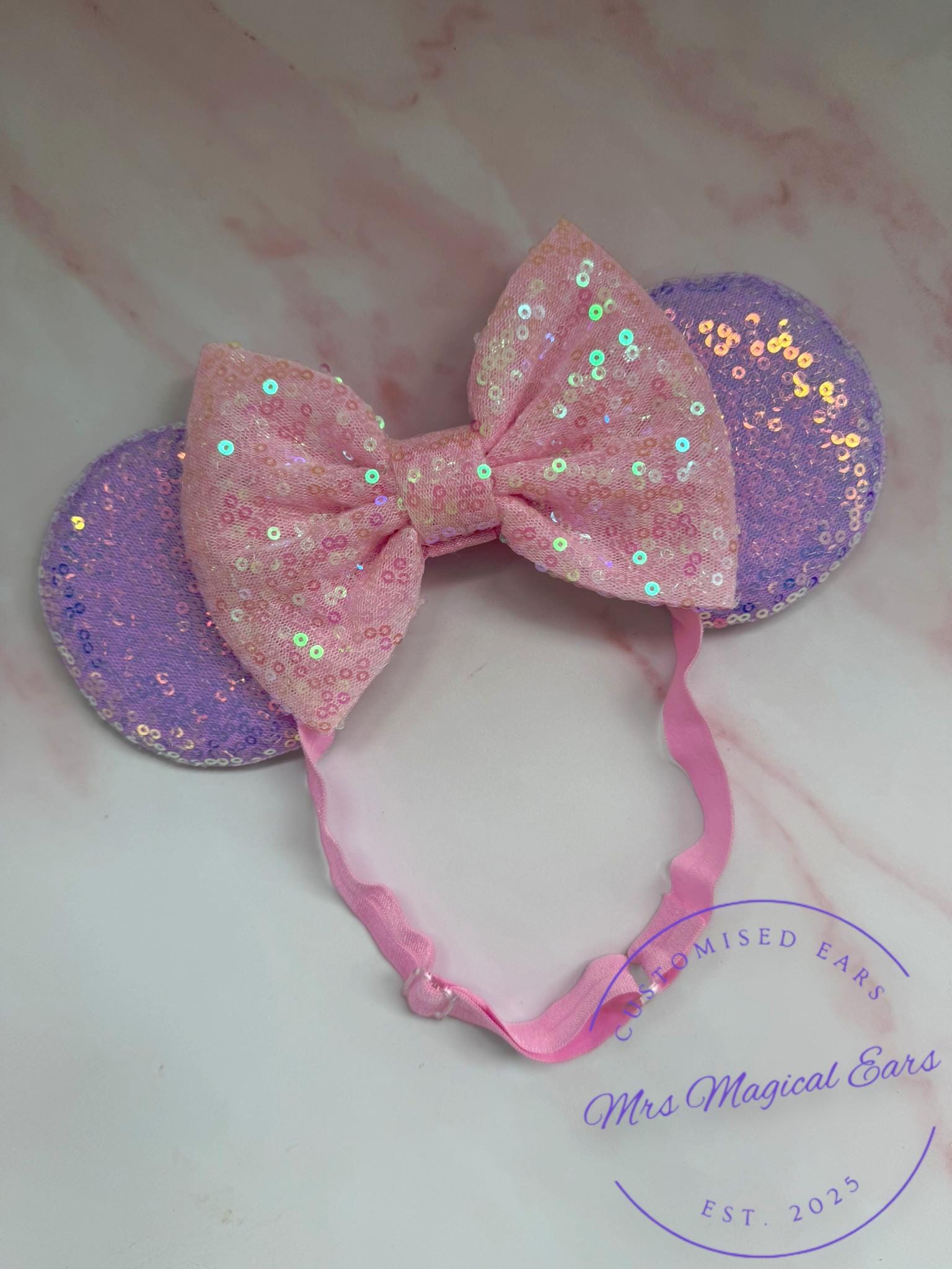 Baby & Toddler Minnie Mouse Inspired Mouse Ears | Classic Lilac + Pink Sequin Bow Mickey Headband | Adjustable Disney Photo Prop | Girls