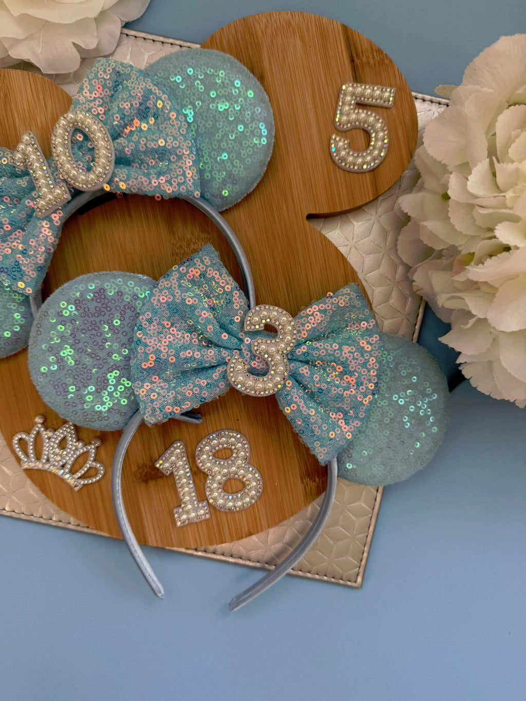 Birthday Blue Sequin Minnie Ears | Custom Headband | Disney Mickey headband Girls, Teens & Adults | Sparkly Accessory 3, 5, 7, 16,18, 21, 30
