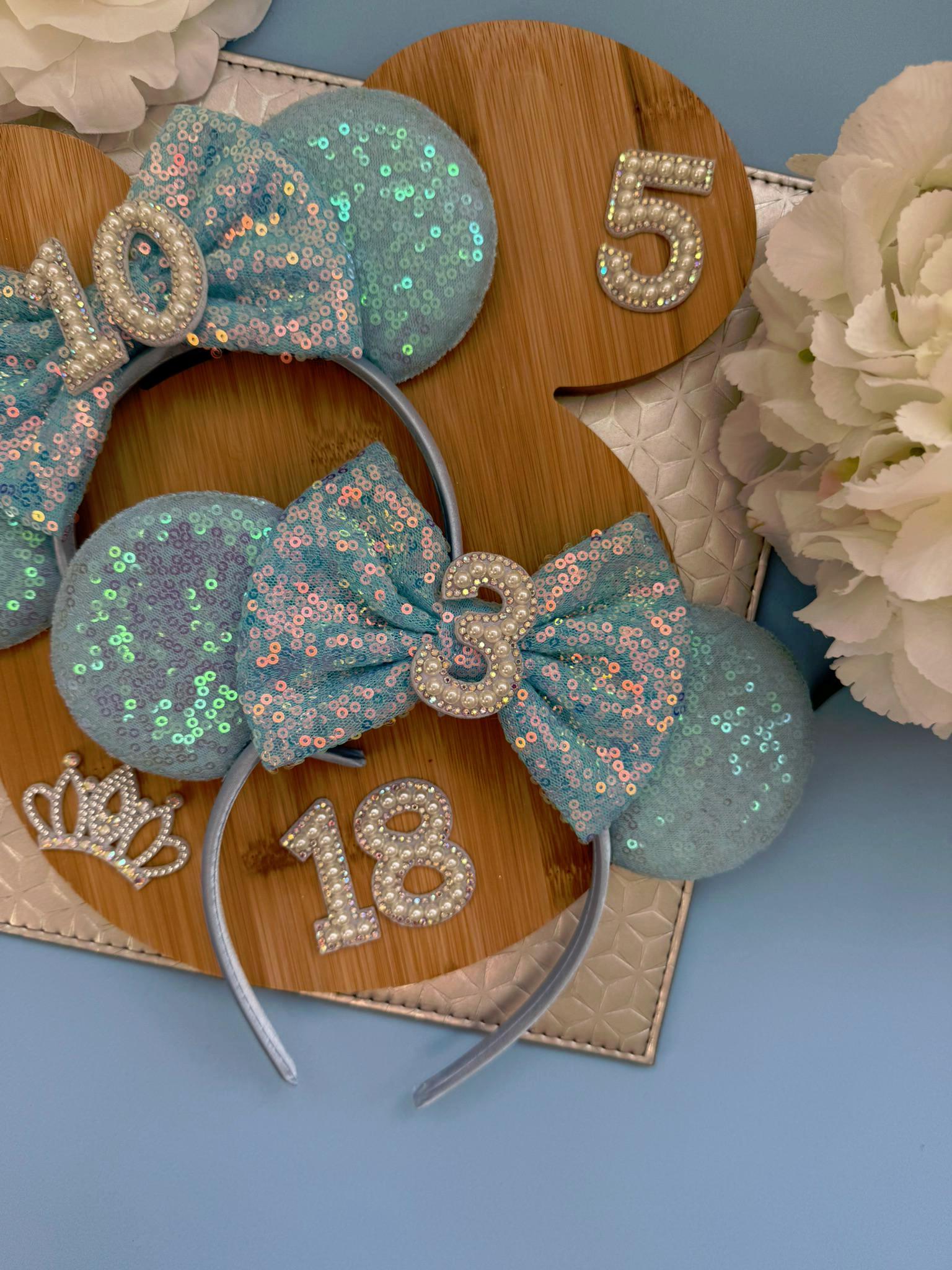 Birthday Blue Sequin Minnie Ears | Custom Headband | Disney Mickey headband Girls, Teens & Adults | Sparkly Accessory 3, 5, 7, 16,18, 21, 30