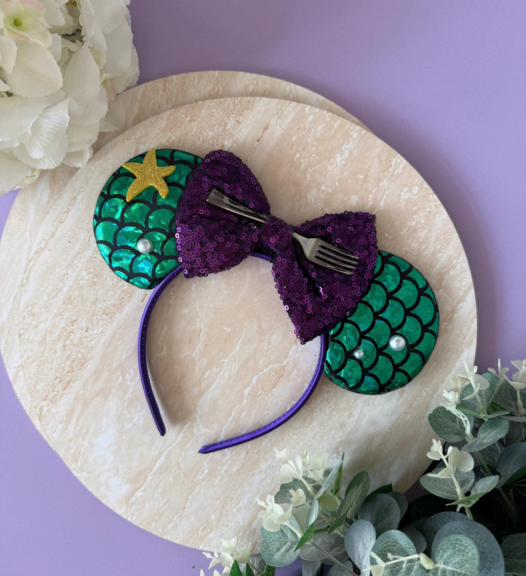 Ariel Inspired Little Mermaid Minnie Ears | Green Scale Purple Sequin Bow | Disneybound Headband Princess Park | Birthday Accessory Gift