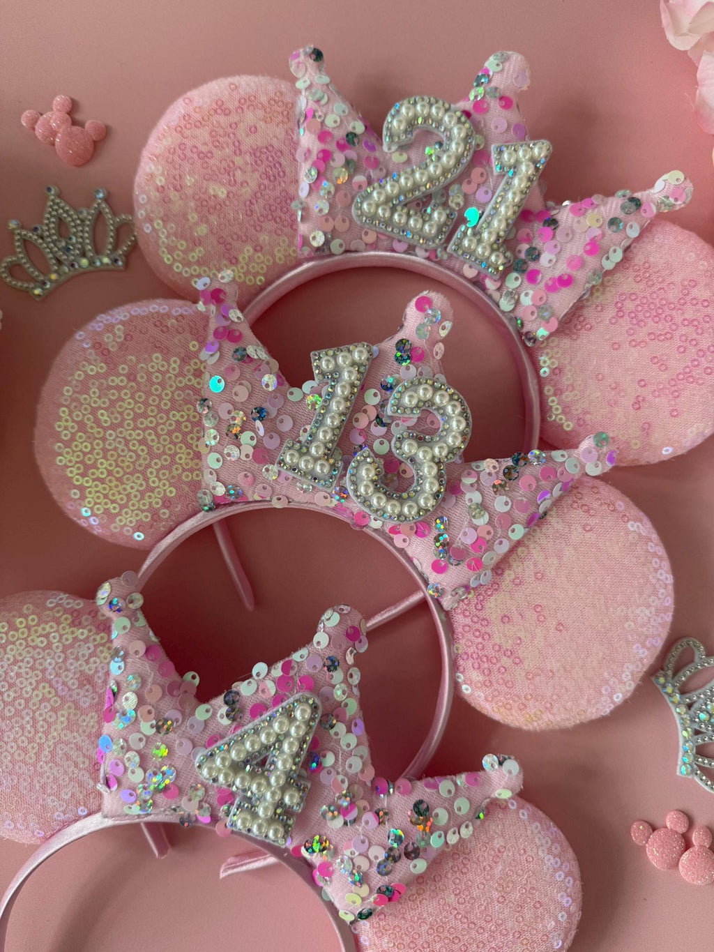 Baby Pink Sequin & Confetti Birthday Crown Headband | Sparkly Tiara | Personalised Ears for Women + Girls (All Ages) Disney Inspired