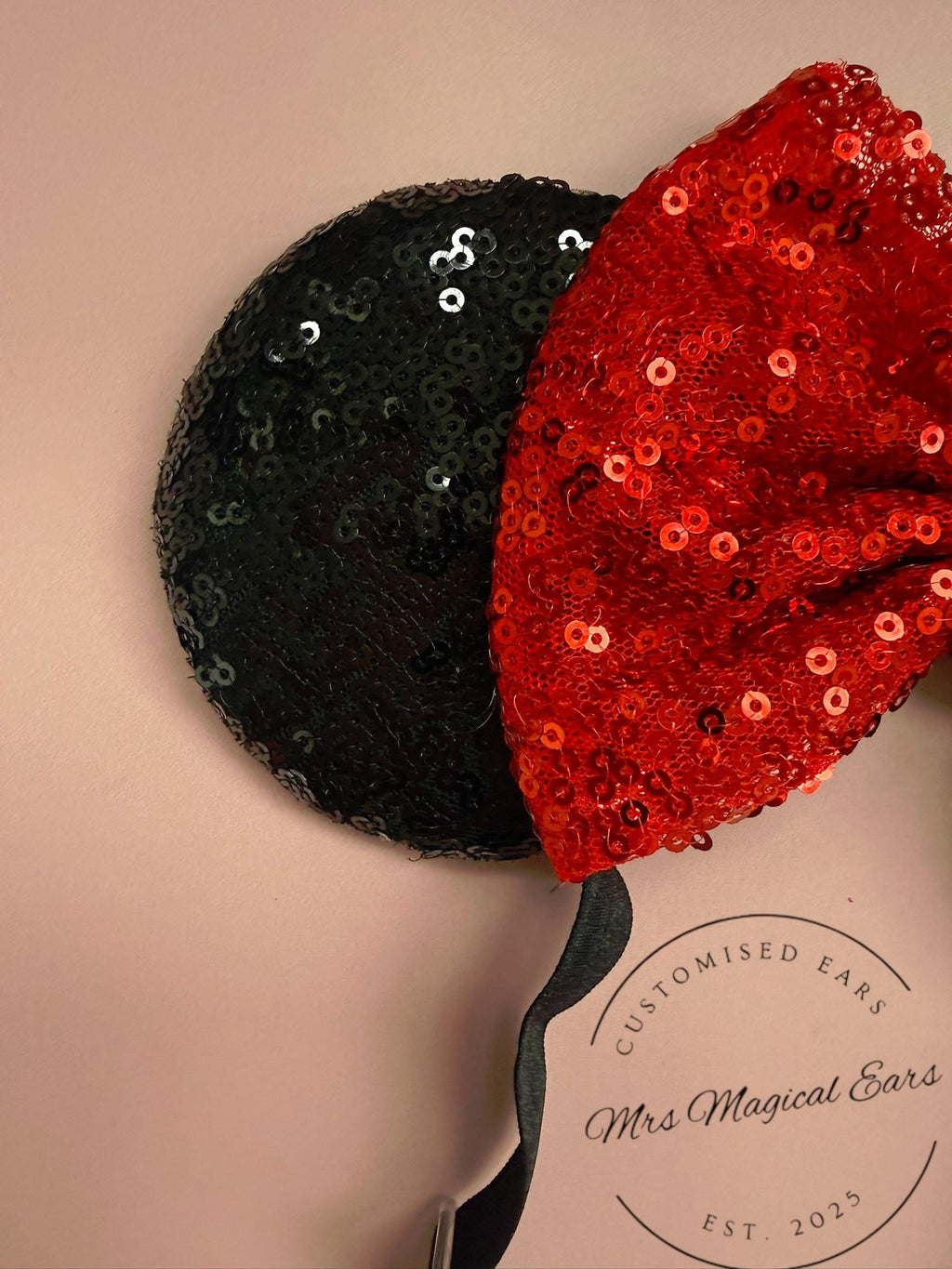 Baby & Toddler Minnie Mouse Inspired Mouse Ears | Classic Black Ears + Red Sequin Bow Mickey Headband | Adjustable Disney Photo Prop | Girls