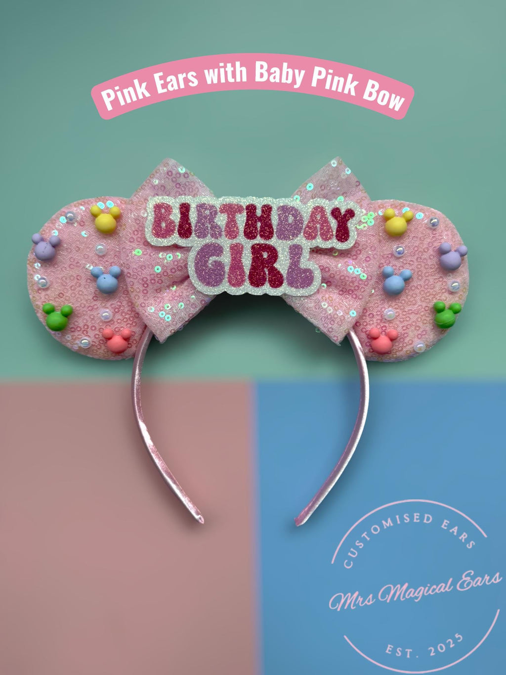 Birthday Girl Mouse Ears – Custom Colour Bow – Sparkly Sequin Headband – Party Ears – Cake Smash – Girls Birthday Outfit – Disney Inspired