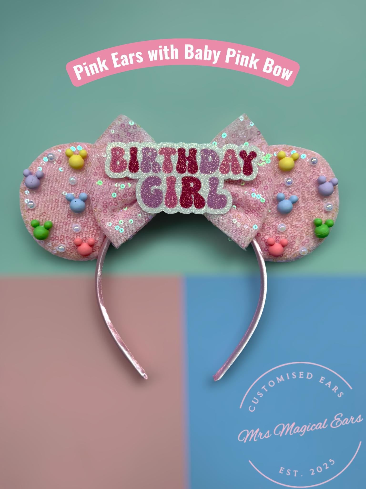 Birthday Girl Mouse Ears – Custom Colour Bow – Sparkly Sequin Headband – Party Ears – Cake Smash – Girls Birthday Outfit – Disney Inspired