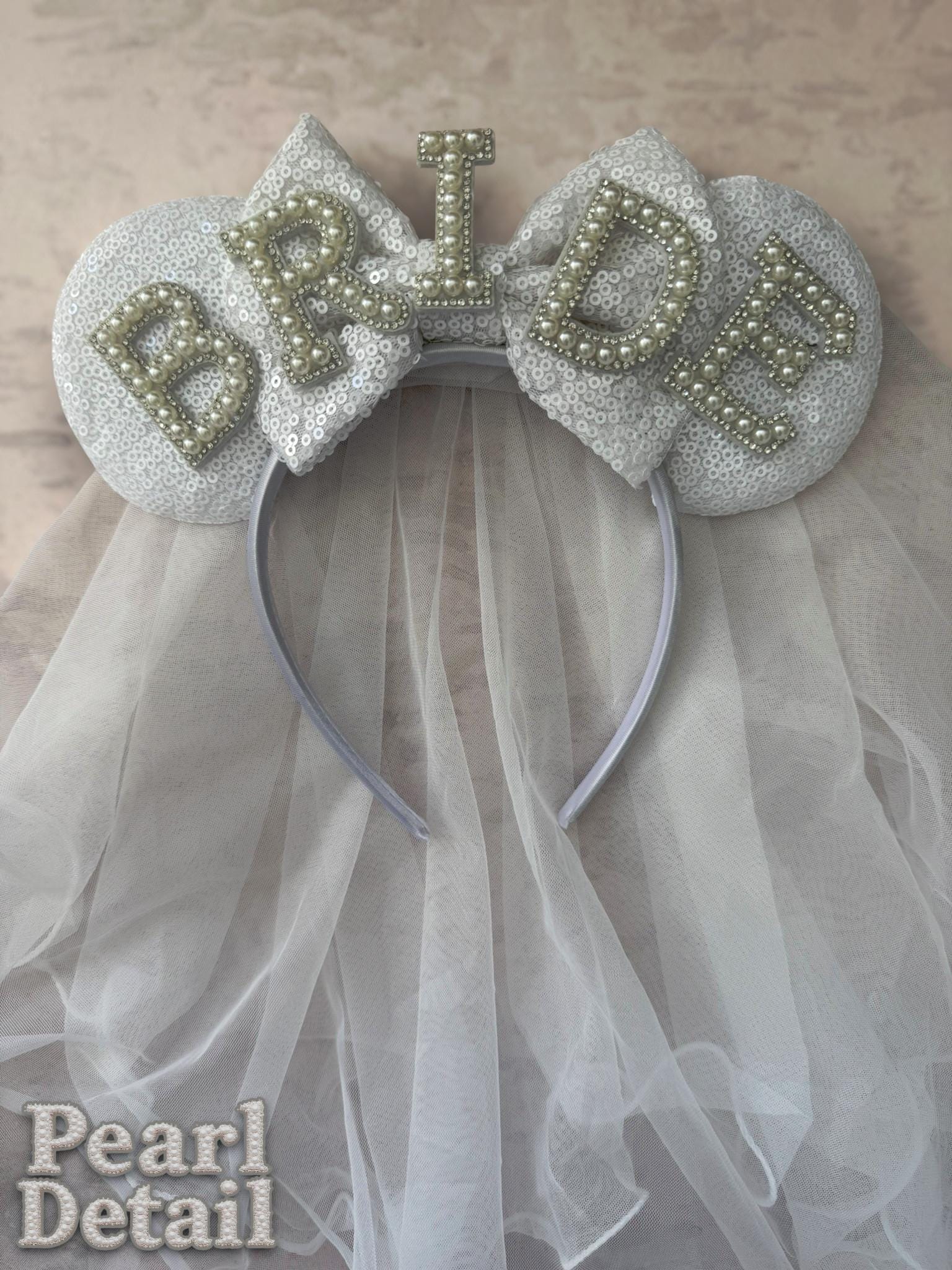 Bride Minnie Inspired Ears Veil Headband – Pearl Bridal Mouse Ears for Hen Party, Wedding, Honeymoon & Bride Outfit
